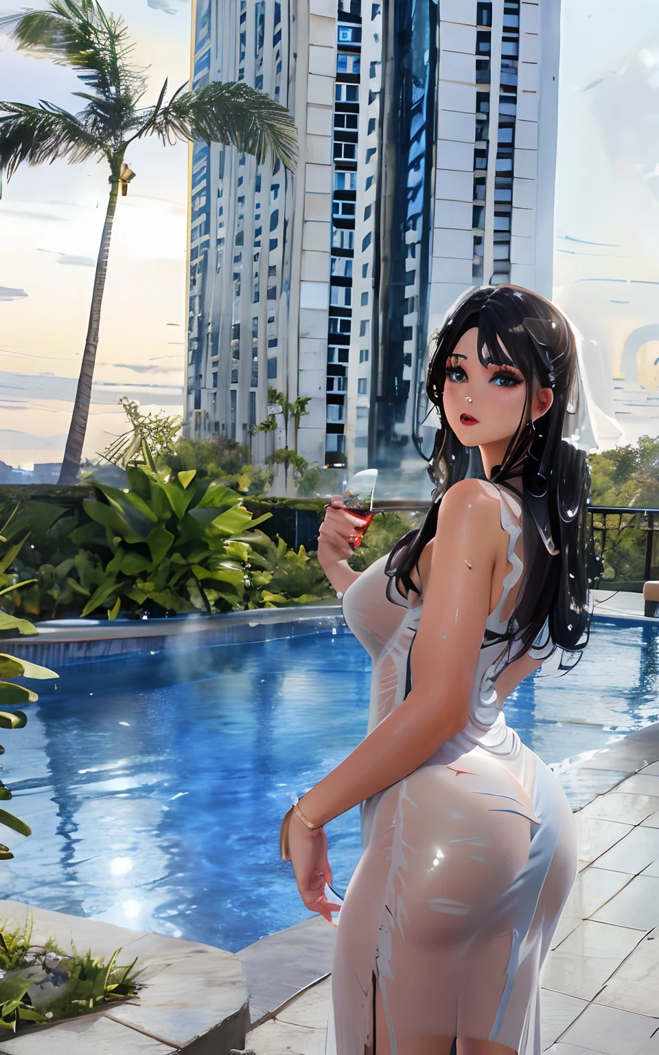 Rounded butts, huge butt, curved butt, translucent clothes, see through dress, visible real skin, wet dress, jaw-dropping, visible detailed curvy.