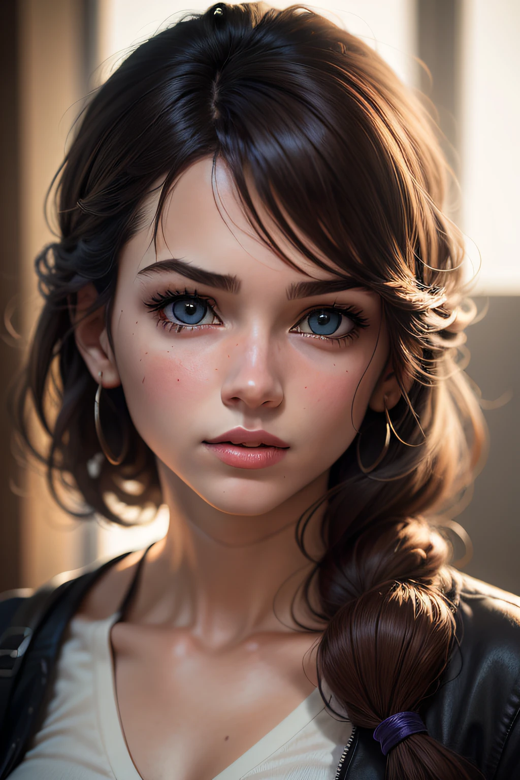 There's a young woman with a shirt posing for a photo, Personagem altamente detalhado, com o rosto muito detalhado, realistic soft lighting, highly detailed soft lighting, foto retrato suave 8 k, Ela tem pele marrom oliva, tom de pele fotorrealista, photorealistic anime girl rendering, realista bonito olhos grandes, Arte infantil em anime, olhar :: octan render
