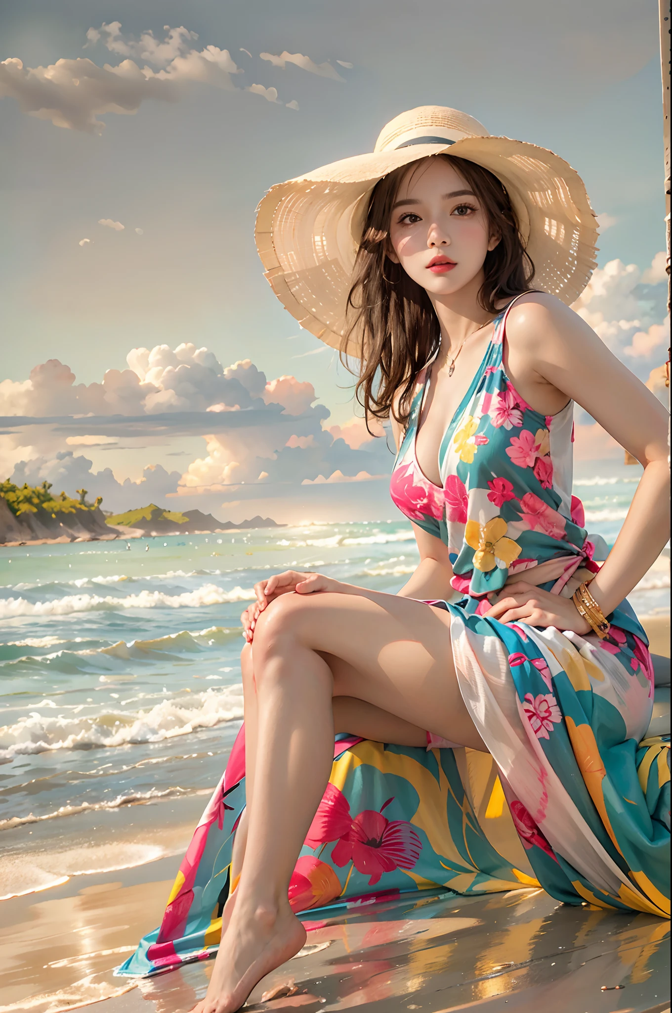 photorealistic, high resolution, 1women, solo, hips up, look at viewer, (detailed face), colorful summer wear, beach