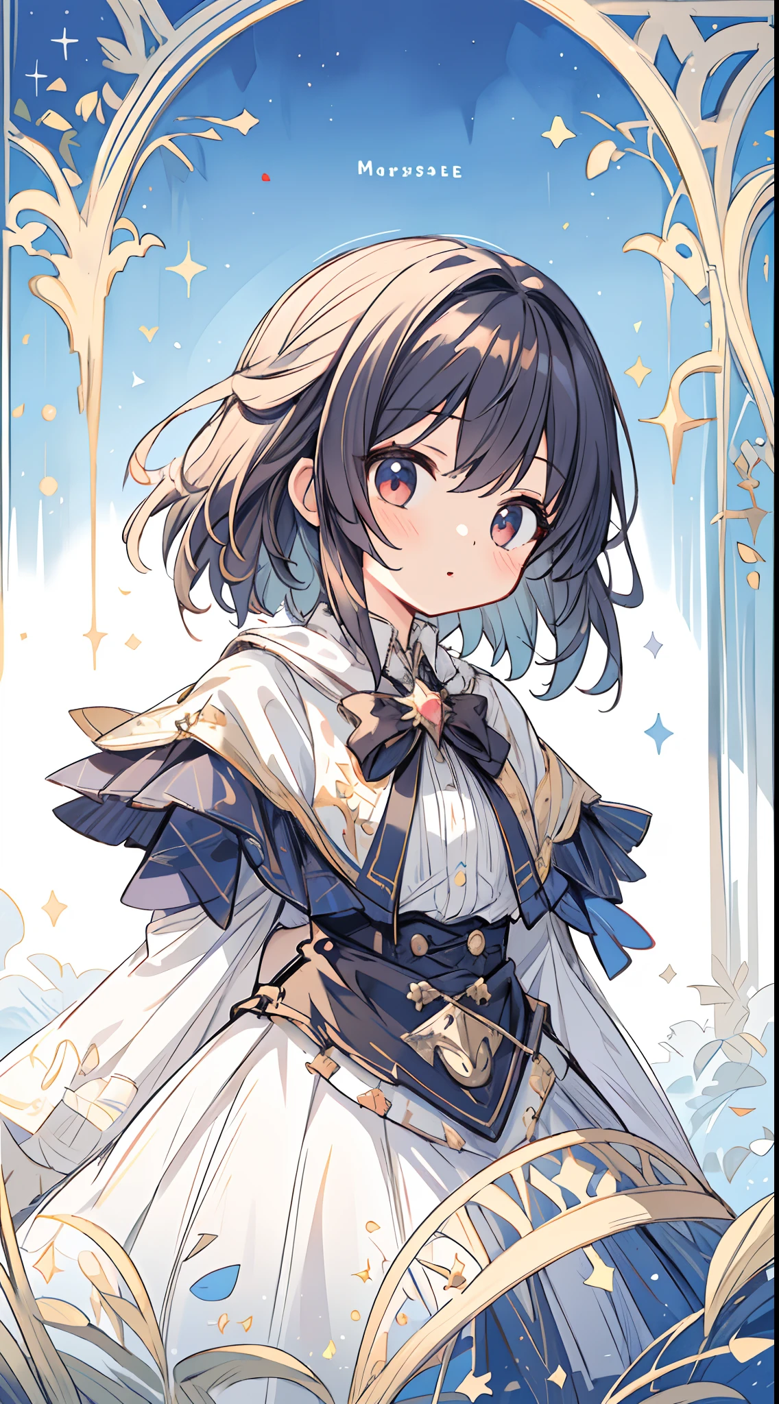 (masterpiece, best quality:1.2), illustration, absurdres, highres, extremely detailed, 1 ite girl, white short hair, red eyes, eye highlights, dress, short puffy sleeves, frills, outdoors, flower, fluttering petals, upper body, (moon:1.2), night, depth of field, (:d:0.8),(black pantyhose)