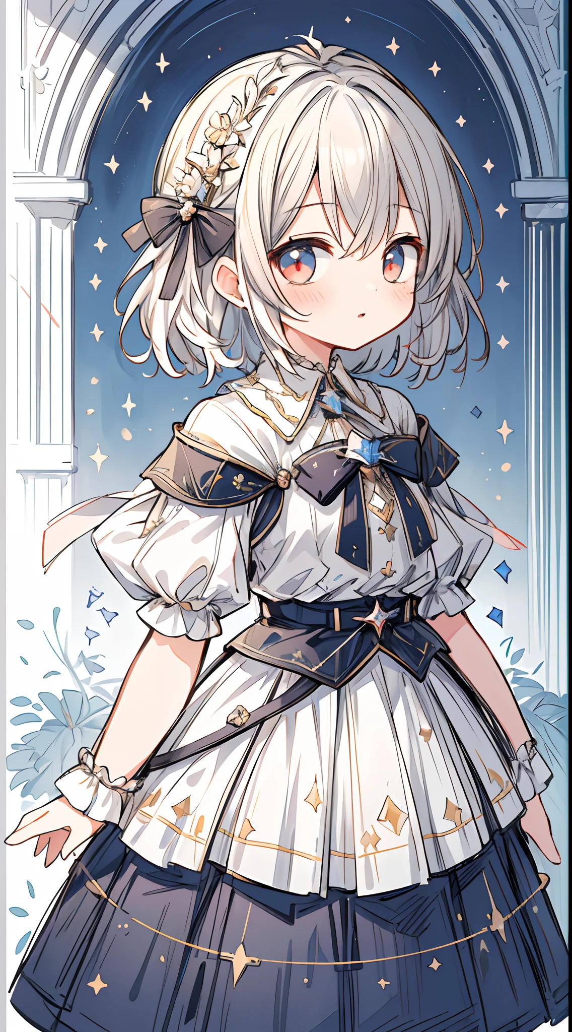 (masterpiece, best quality:1.2), illustration, absurdres, highres, extremely detailed, 1 petite girl, white short hair, red eyes, eye highlights, dress, short puffy sleeves, frills, outdoors, flower, fluttering petals, upper body, (moon:1.2), night, depth of field, (:d:0.8),(black pantyhose)