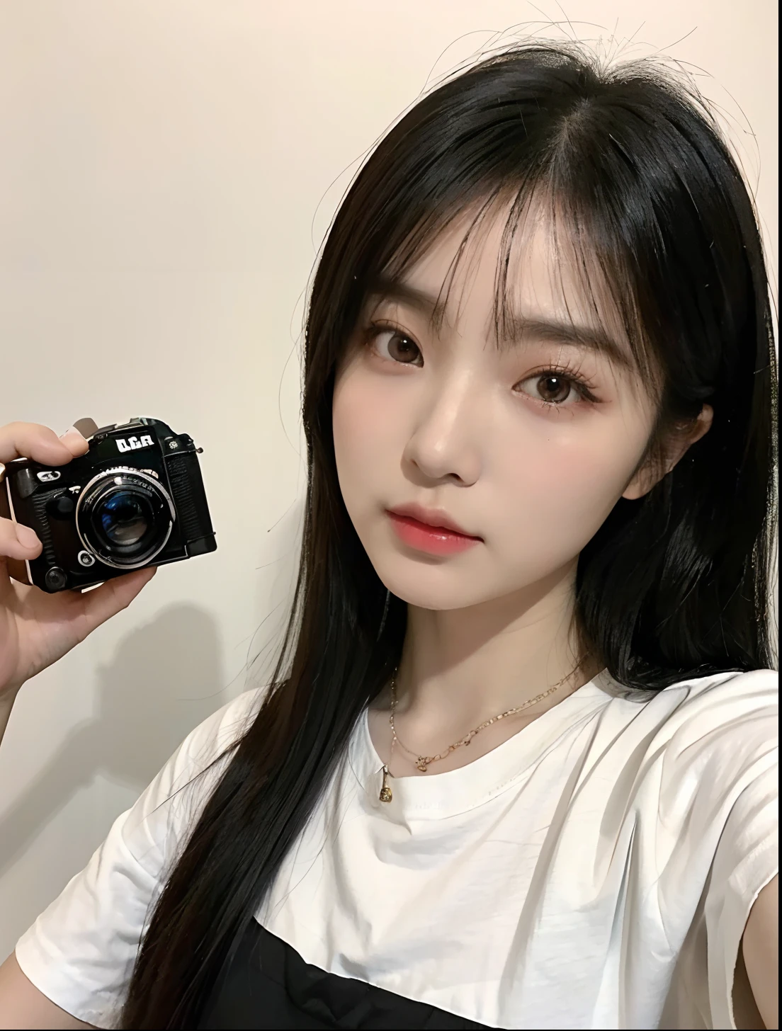 (Best quality, 8k, 32k, Masterpiece, UHD:1.2),Photo of Pretty chinese girl justina xie wearing a oversized t-shirt, medium short hair with white hair clip, black hair, upper body,oversized_t-shirt, holding a camera, selfie pose, selfie photo, cute pose, simple background, pretty necklace, looking at viewer, deep shadow, undertones, justina xie, chinese ulzzang, fine-cute-girl, deep double eyelids, southeast-asian eyes, thick eyebrows, pretty eyelashes, no make up, natural beauty, xie chu ling girl, xie chu ling, egg face-shaped, same face, same person, same dress, same background.