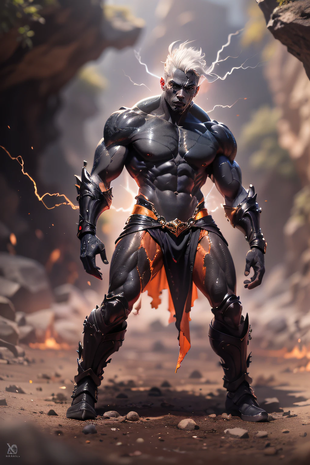 black humanoid made of rock,((electrified eyes: 1.2)) ((full rock skin: 1.2)), (red hot volcanic lava skin: 1.2) bare torso, bare chest, male, ((masterpiece, best quality )), ((cracked skin: 1.4)), ((white electricity passing through cracks: 1.4)), muscular male, (dragonborn: 0.6), white hair, outdoor, detailed background, 8k, max quality, Best Quality Canon Eos R6, Masterpiece, Highly Detailed: 1.2,