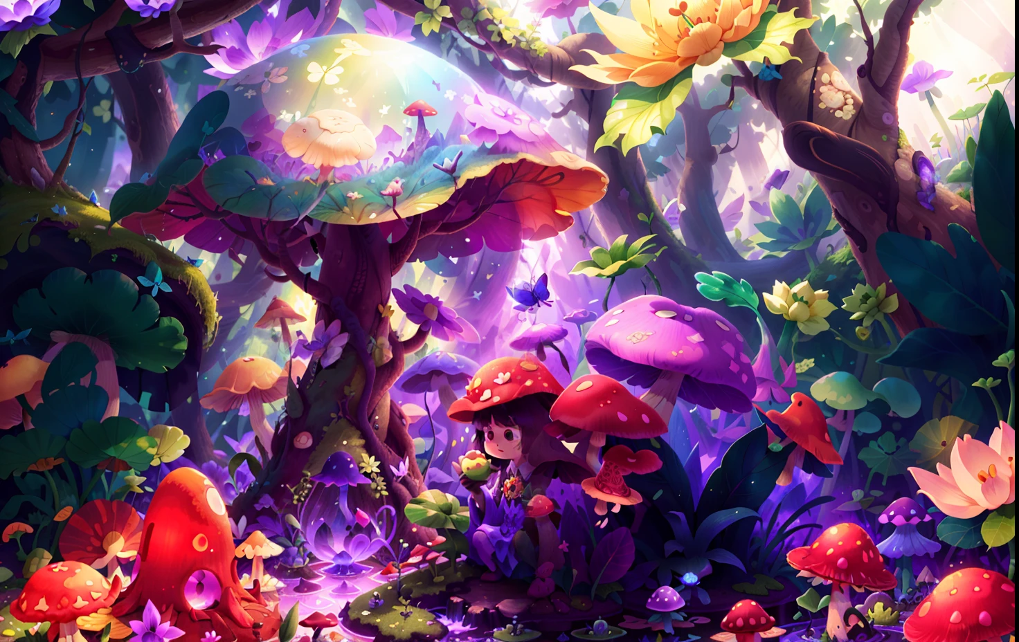 Mushroom forest with glass goblet,s fractal art,morning glory,butterflys,lotuses,four-leaf clover,morning glory,Cyber Mushroom Forest,Ultra-detailed digital fantasy art。Mushrooms are everywhere in the picture,The unique mushroom shape creates a magical casa scene