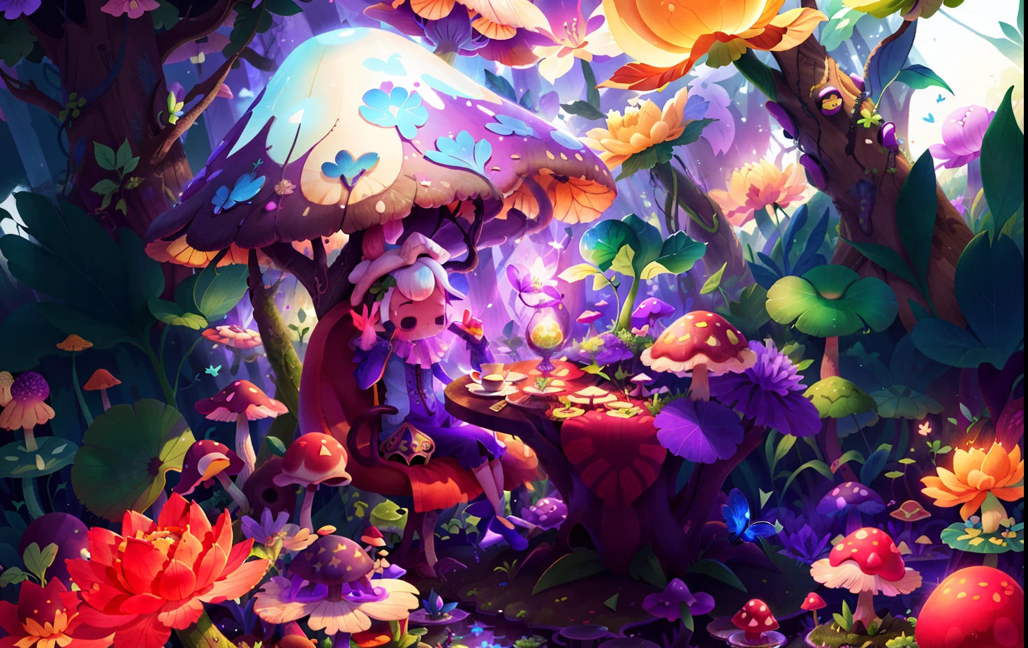 Mushroom forest with glass goblet,s fractal art,morning glory,butterflys,lotuses,four-leaf clover,morning glory,Cyber Mushroom Forest,Ultra-detailed digital fantasy art。Mushrooms are everywhere in the picture,The unique mushroom shape creates a magical casa scene