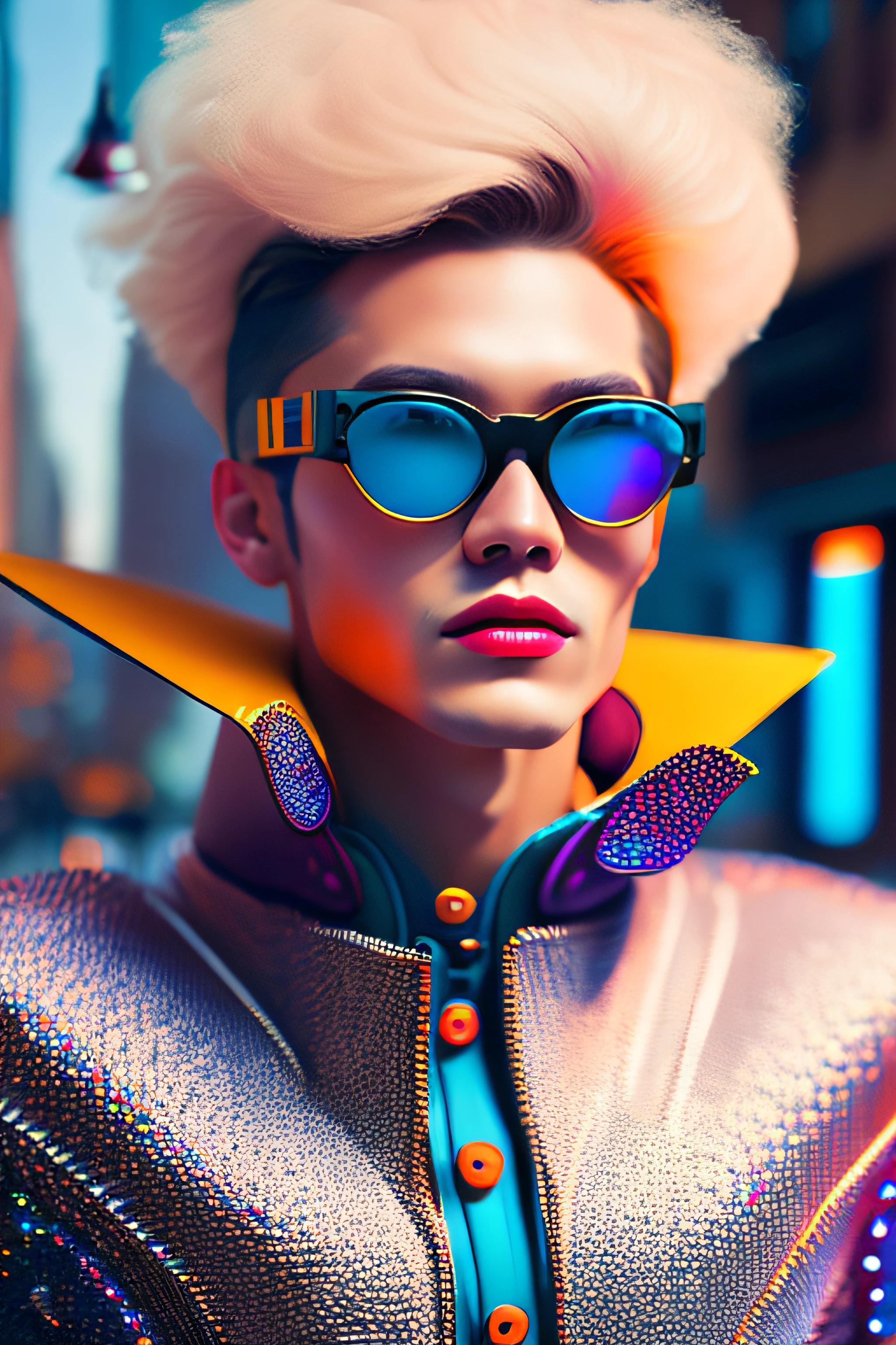 (portrait fashionista man middle ages 1950s with intricate colorful trendy glossy polarized goggle), flufly clorful hair, smily expression, (Extremely Detailed digital photography:1.2), standing in middle of city, (((full body))), raw picture, analogue, Hasselblad, 50asa, f8, 12mm, glow effects, godrays, Hand drawn, render, 8k, octane render, cinema 4d, blender, dark, atmospheric 4k ultra detailed, cinematic sensual, Sharp focus, humorous illustration, big depth of field, Masterpiece, colors, 3d octane render, 4k, concept art, trending on artstation, hyperrealistic, Vivid colors, rim light, extremely detailed CG unity 8k wallpaper, trending on ArtStation, trending on CGSociety, Pop Art style by  Yayoi Kusama, Intricate, High Detail, dramatic
,pure energy, light particles, sci-fi