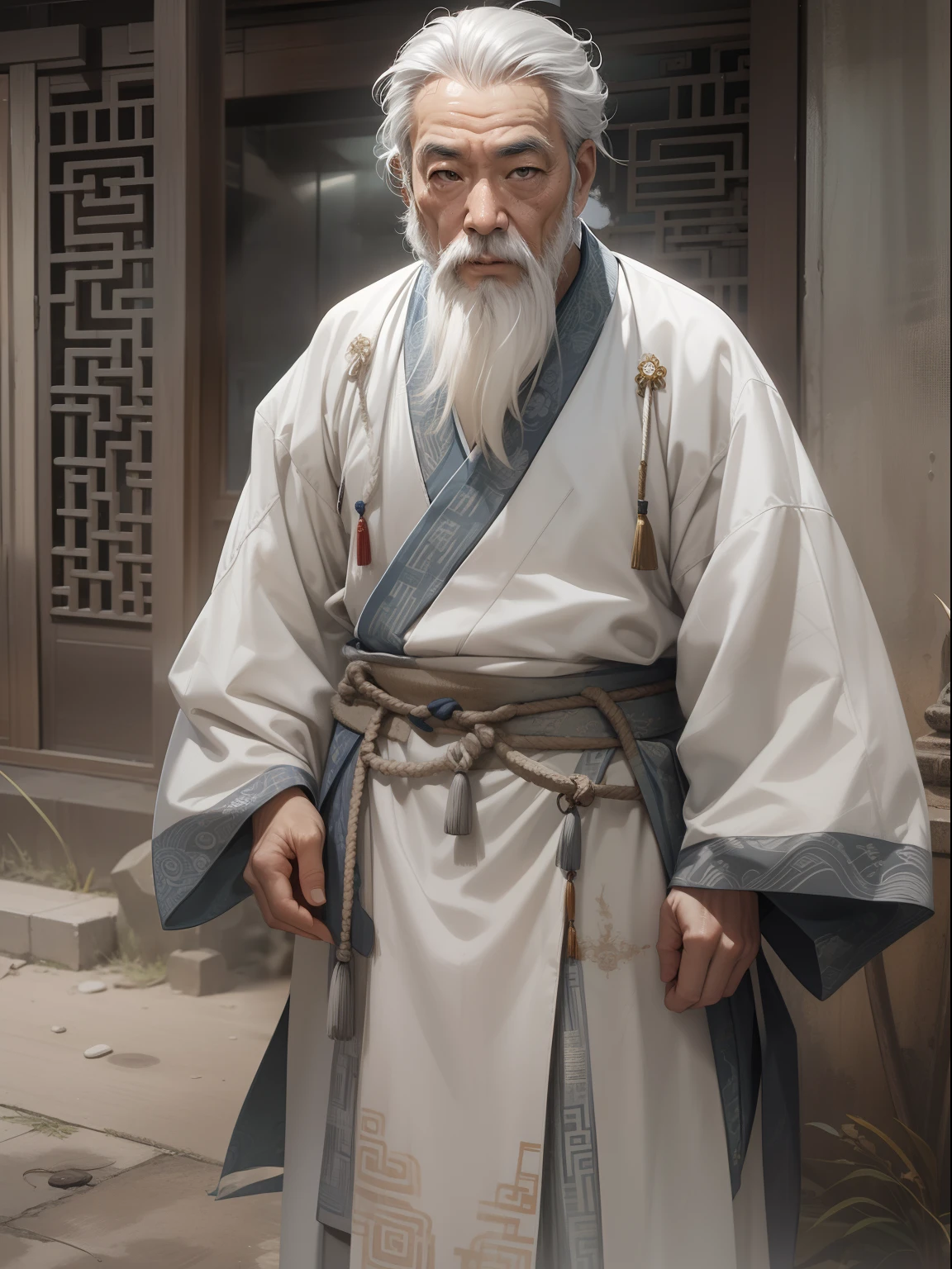 Chinese Ancient Times, An old man, Asian people,gray hair and beard, dressed white hanfu, Clothes are tattered,Thin body, Weakness of the body,Standing in prison, Look at the camera with determined eyes, China-style, first person perspective, Masterpiece, ccurate, Anatomically correct, Super detail