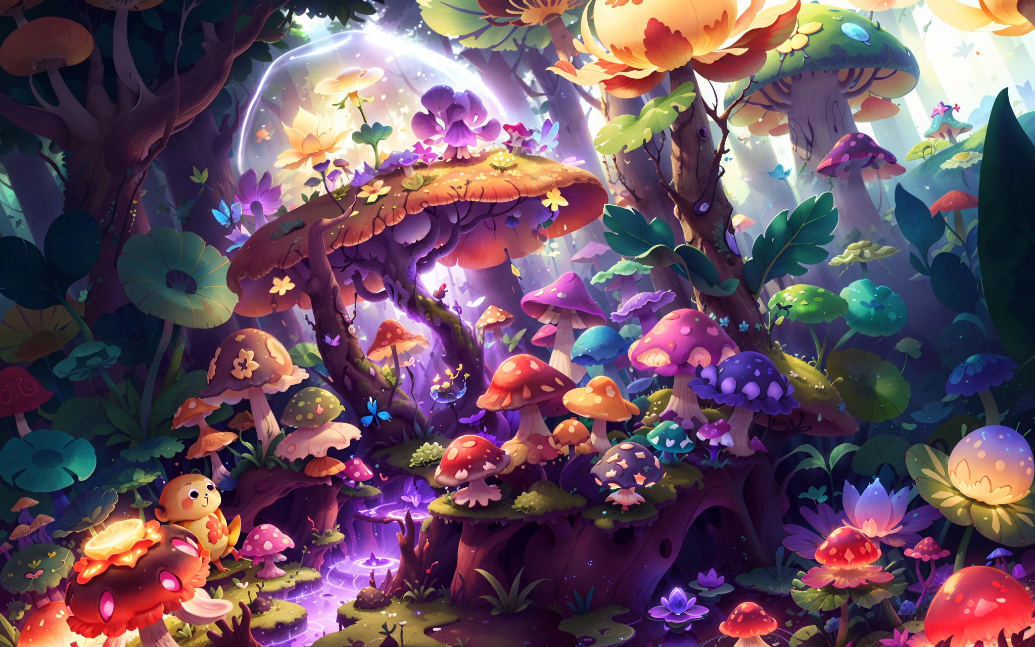 Mushroom forest with glass goblet，s fractal art，Glowing mushrooms at night，morning glory，butterflys，lotuses，four-leaf clover，Cyber Mushroom Forest，Ultra-detailed digital fantasy art。Mushrooms are everywhere in the picture，The unique mushroom shape creates a magical casa scene