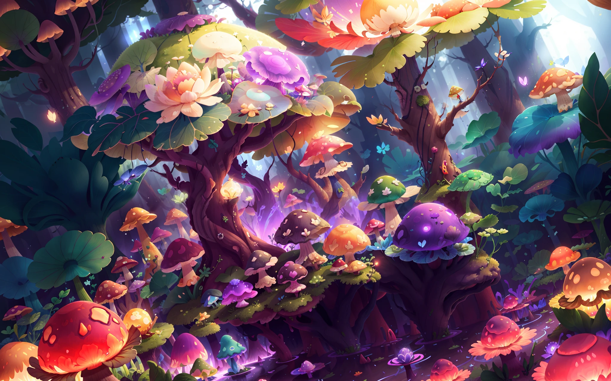 Mushroom forest with glass goblet,s fractal art,Glowing mushrooms at night,morning glory,butterflys,lotuses,four-leaf clover,Cyber Mushroom Forest,Ultra-detailed digital fantasy art。Mushrooms are everywhere in the picture,The unique mushroom shape creates a magical casa scene