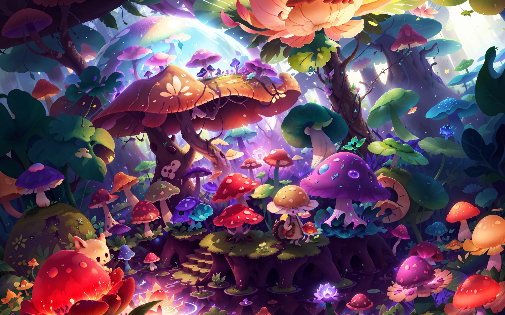 Mushroom forest with glass goblet，s fractal art，Glowing mushrooms at night，morning glory，butterflys，lotuses，four-leaf clover，Cyber Mushroom Forest，Ultra-detailed digital fantasy art。Mushrooms are everywhere in the picture，The unique mushroom shape creates a magical casa scene