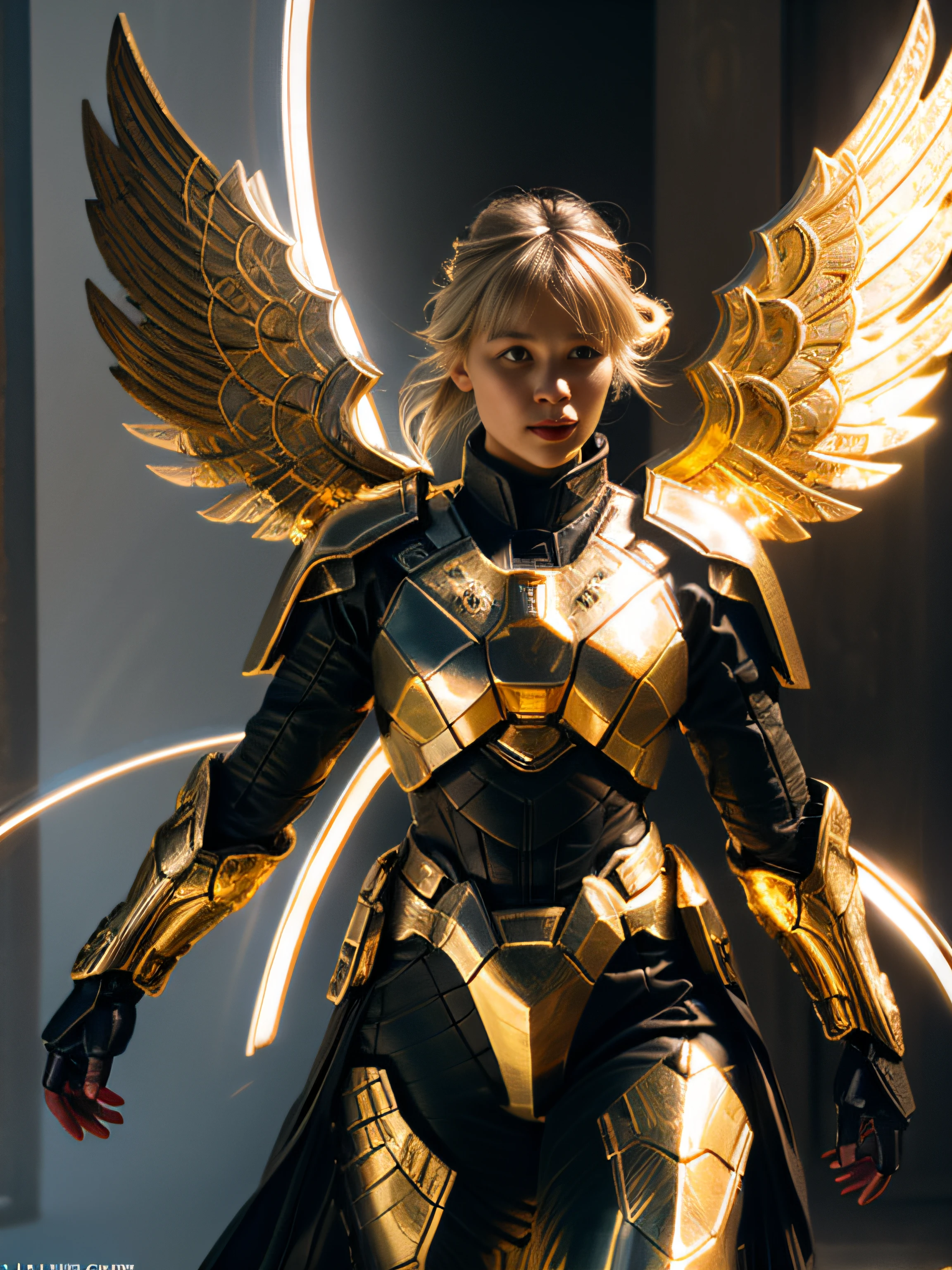 Valkyrie of War, with huge wings, metallic glowing wings, golden glowing background, white-gold armor, golden aperture at back, blonde hair, double bun, bangs, halo, glare, jitome, high detail, cinematic lighting, film grain, lens flare, cowboy lens, Verism, God ray, 8k, super detail, high detail