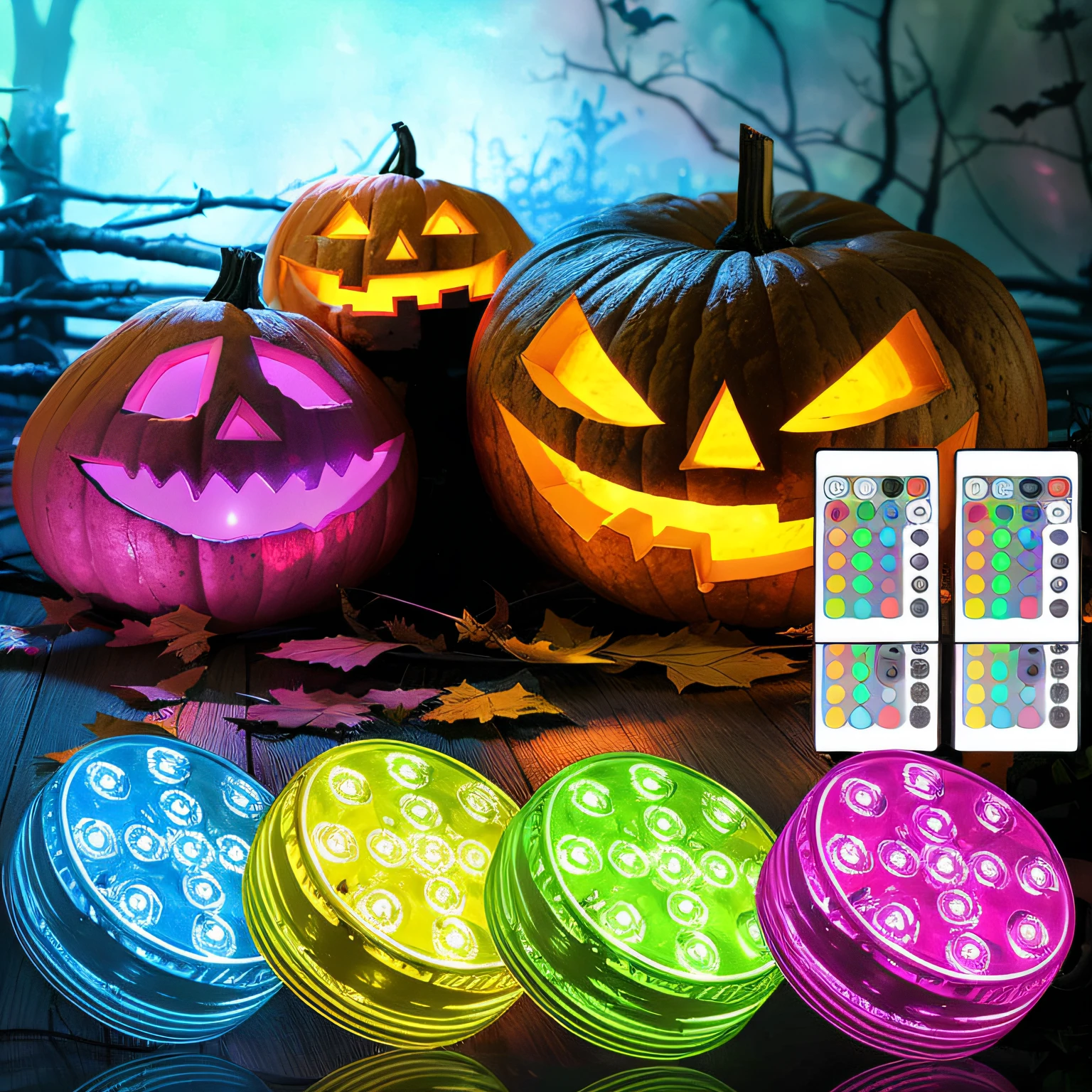 Set of Halloween pumpkins with remote control close-up, rgb led lights, halloween atmosphere, led light strips, 5 d, 5D, Halloween decorations, Glowing pumpkins under trees, 4 colors!!!, Halloween, LED, LED lights, glowing potions, halloween theme, Various colors, small led lights, rgb lights, LED, luminescent colors