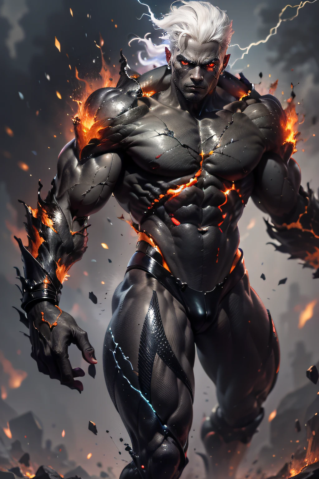 black humanoid made of rock,((electrified eyes: 1.2)) ((full rock skin: 1.2)), (red hot volcanic lava skin: 1.2) bare torso, bare chest, male, ((masterpiece, best quality )), ((cracked skin: 1.4)), ((white electricity passing through cracks: 1.4)), muscular male, (dragonborn: 0.6), white hair, outdoor, detailed background, 8k, max quality, Best Quality Canon Eos R6, Masterpiece, Highly Detailed: 1.2,