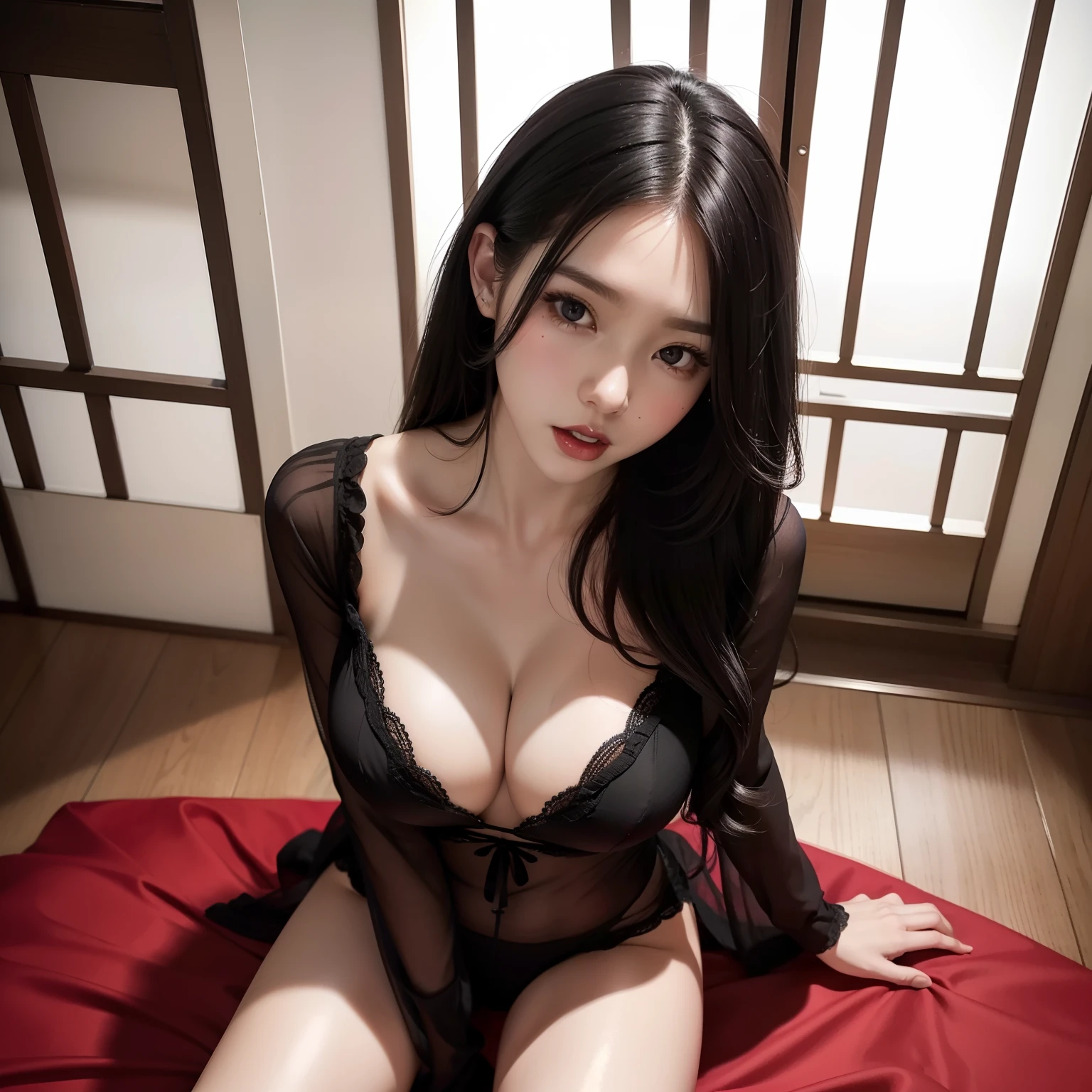 view from directly below, open your legs wide, stand up, super high image, super detail, high resolution, anime, manga, illustration, beautiful woman, adult face, ecstatic expression, amorous expression, seductive look, glossy black straight hair, hair over one eye, sharp slit sparkling big black eyes, alluring moist red lips, large breasts, under boob, great proportion, perfect proportion, slender, full body, babydoll, Japanese-style room