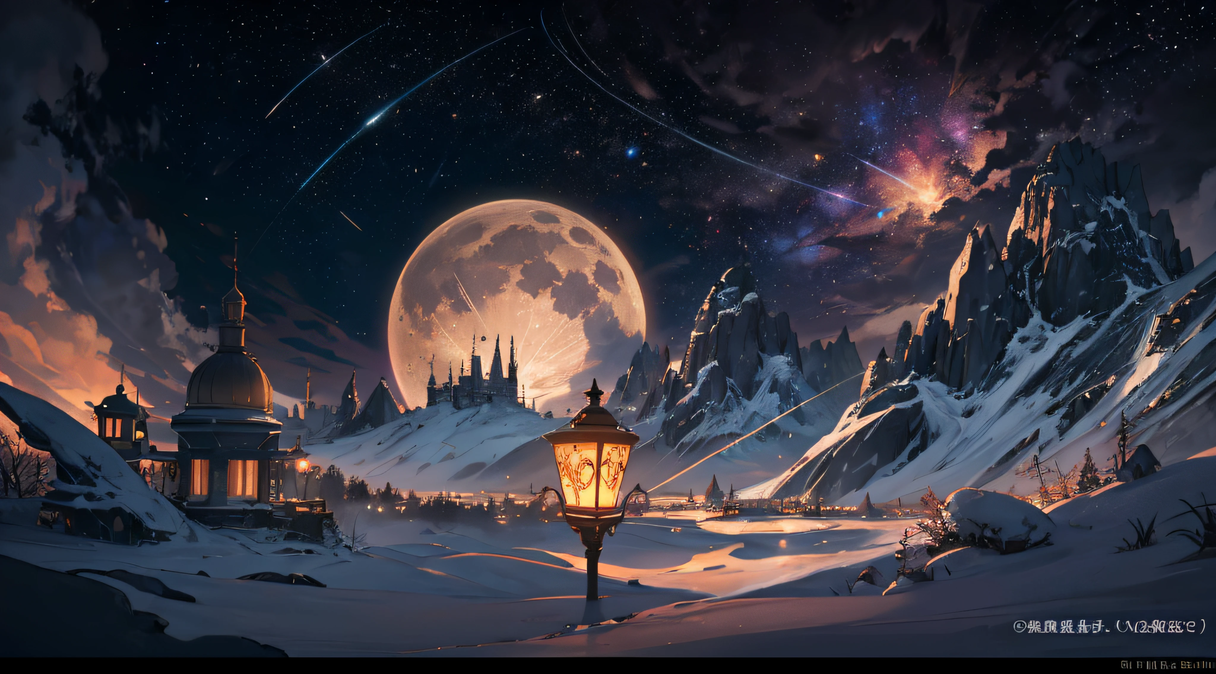 Expansive landscape photograph，（moon full：1.2），（meteors：0.9），（Starcloud：1.3），（Warm light source：1.2），（glowworm：1.2），lamp lights，Lots of purple and orange，Complicated details，Volumetriclighting，Realism BREAK（tmasterpiece：1.2），（best qualtiy），8K，Ultra-detailed，（dynamic compositions：1.4），The is very detailed，Colorful details，（Irridescent color：1.2），（luminouslighting，Atmospheric lighting），dream magical，magical，（独奏：1.2），（（best qualtiy））， （（tmasterpiece））， （the detail：1.4），depth of fields，maximum definition and sharpness，perfectly proportions，Fluttering clouds，Wallpapers