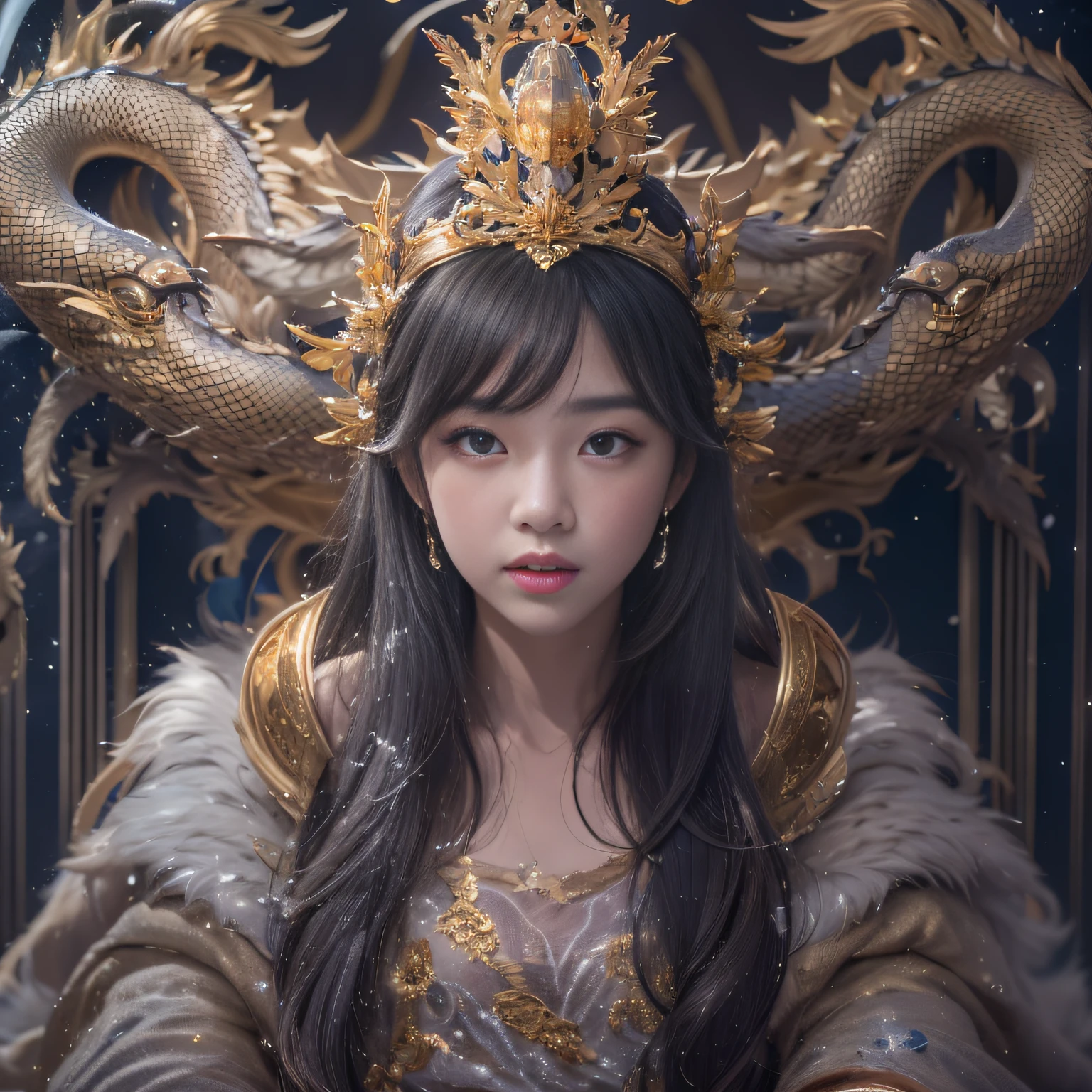 32K(tmasterpiece,k hd,hyper HD,16k)short detailed hair,Vintage train in the back room,Snow Circle Girl ,Two Golden Dragon Protectors (realisticlying:1.4),Python robe,Purple-pink tiara,Snowflakes fluttering,The background is pure, A high resolution, the detail, RAW photogr, Sharp Re, Nikon D850 Film Stock Photo by Jefferies Lee 4 Kodak Portra 400 Camera F1.6 shots, Rich colors, ultra-realistic vivid textures, Dramatic lighting, Unreal Engine Art Station Trend, cinestir 800,