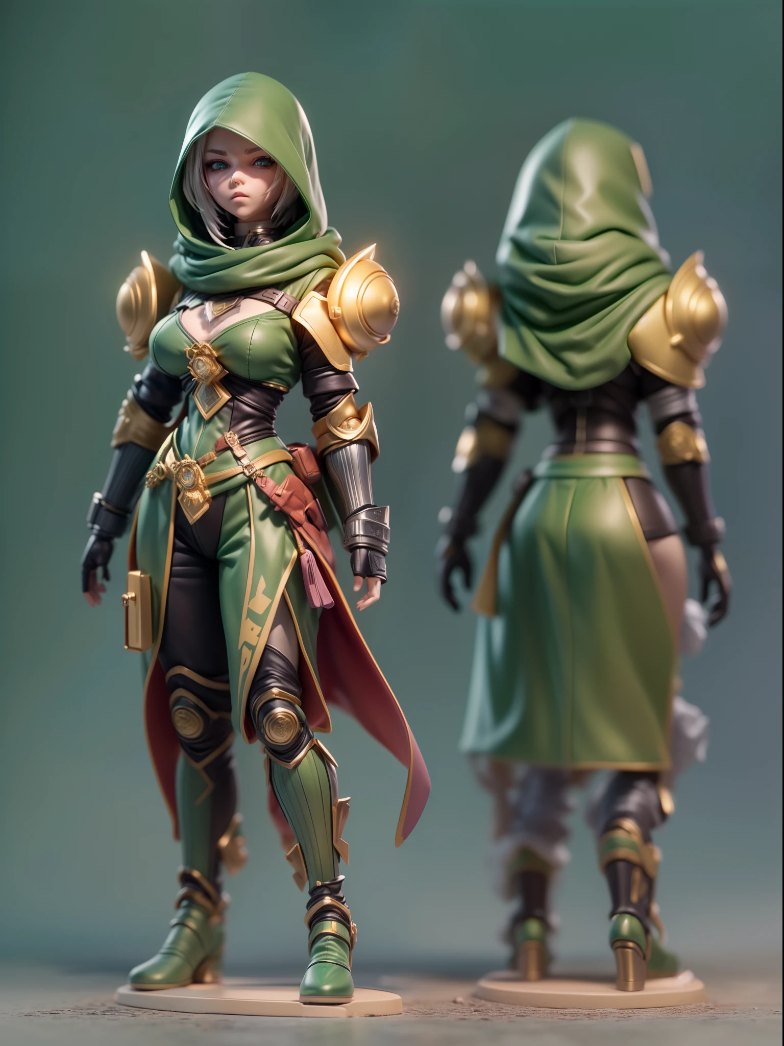 (Blind box toy style:1.3),((Full body shot)) , (1 female mage)(((solo))) plastic armor,Cloth hood,cyberpunk style, dreamy glow, Clean background,gold and green style,(circular base) ( Global illumination, Ray tracing, hdr, unreal render,reasonable design, high detail, Masterpiece, Best quality, hyper HD, Cinematic lighting)