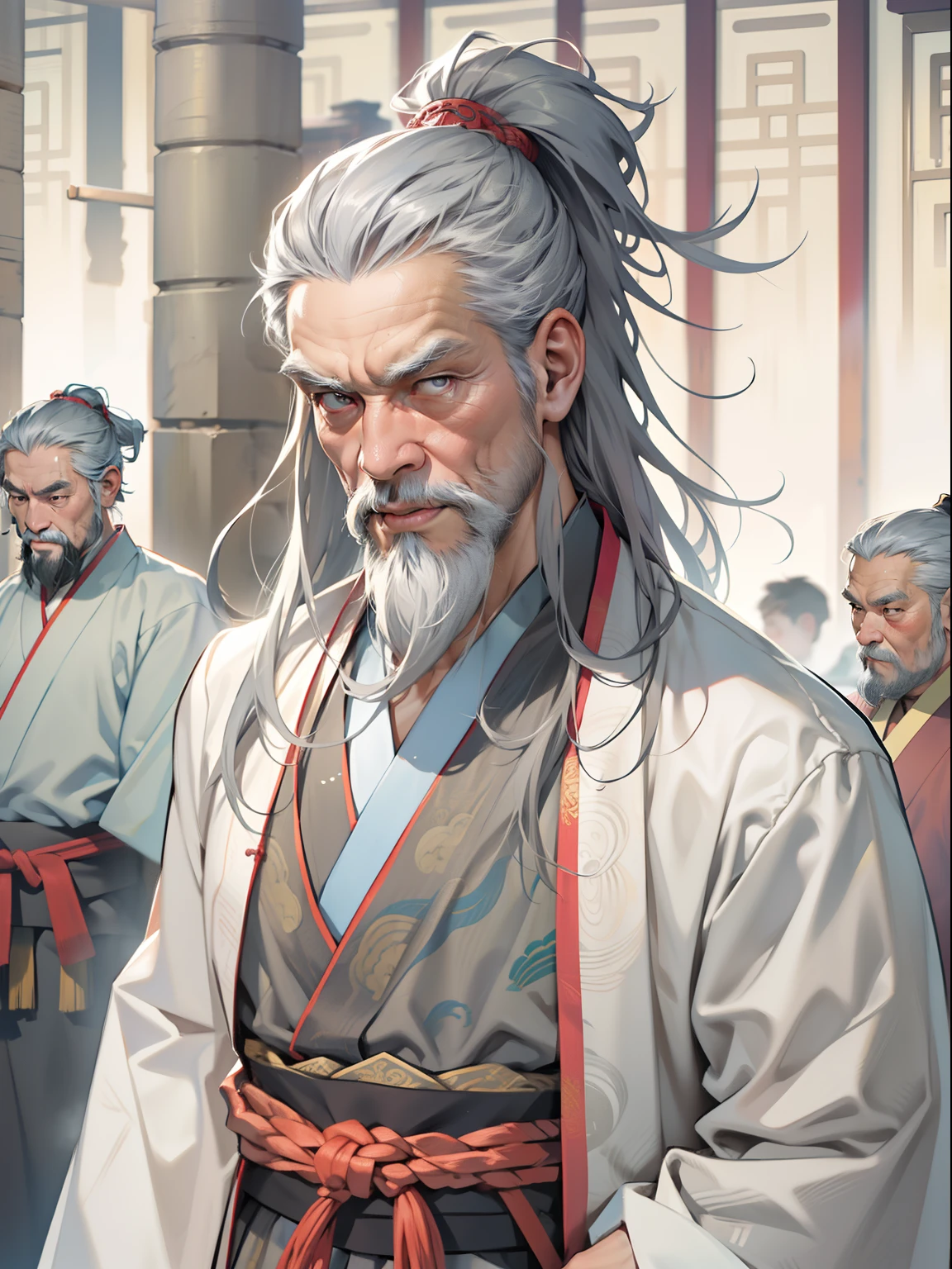 Chinese Ancient Times, An old man, Asian people，gray hair and beard, Thin body, Weakness of the body，standing on your feet, The background is a prison，Look at the camera with determined eyes, dressed white hanfu, There is no pattern，China-style, first person perspective, Masterpiece, ccurate, Anatomically correct, Super detail
