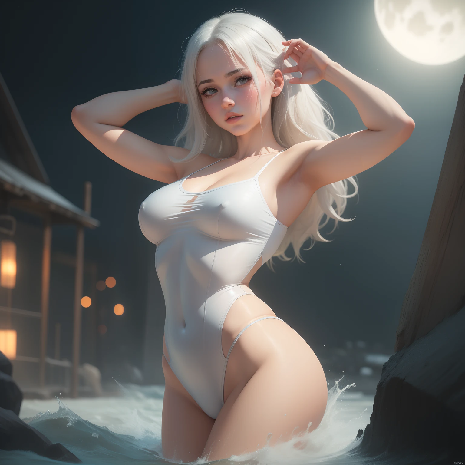 Noite escura, A white-haired woman in a short bathing suit swimming underwater, luz da lua em uma noite estrelada, Directed by: Mandy Jurgens, Estilo de anime 3D realista, marc brunet | | | | | |, Directed by: Stanley Artgerm, Artgerm ; Motor 3d irreal, inspirado em Mandy Jurgens, Artgerm e Ilya Kushinov, realistic anime art style, 3 d anime realista, arte conceitual | Artgerm