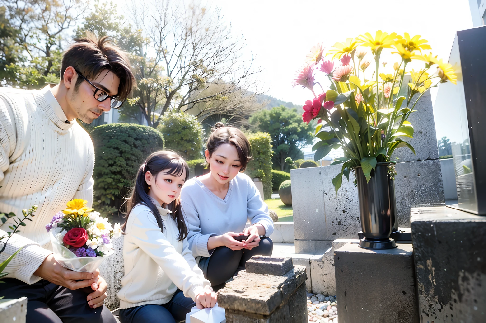 (Masterpiece, top quality, super detailed CG, ultra detailed beautiful face and eyes,super detailed, intricate details:1.2), 8k wallpapers, elaborate features,
(1 person, solo:1.4)perfect cartoon illustration、There are two people sitting on a bench with flowers blooming in front of me, Mourning family, japanese related with flowers, 278122496, Heartwarming, Family, 2506921471, flowers around, beautiful image, by Kiyohara Tama, interesting angle, 4262862863
