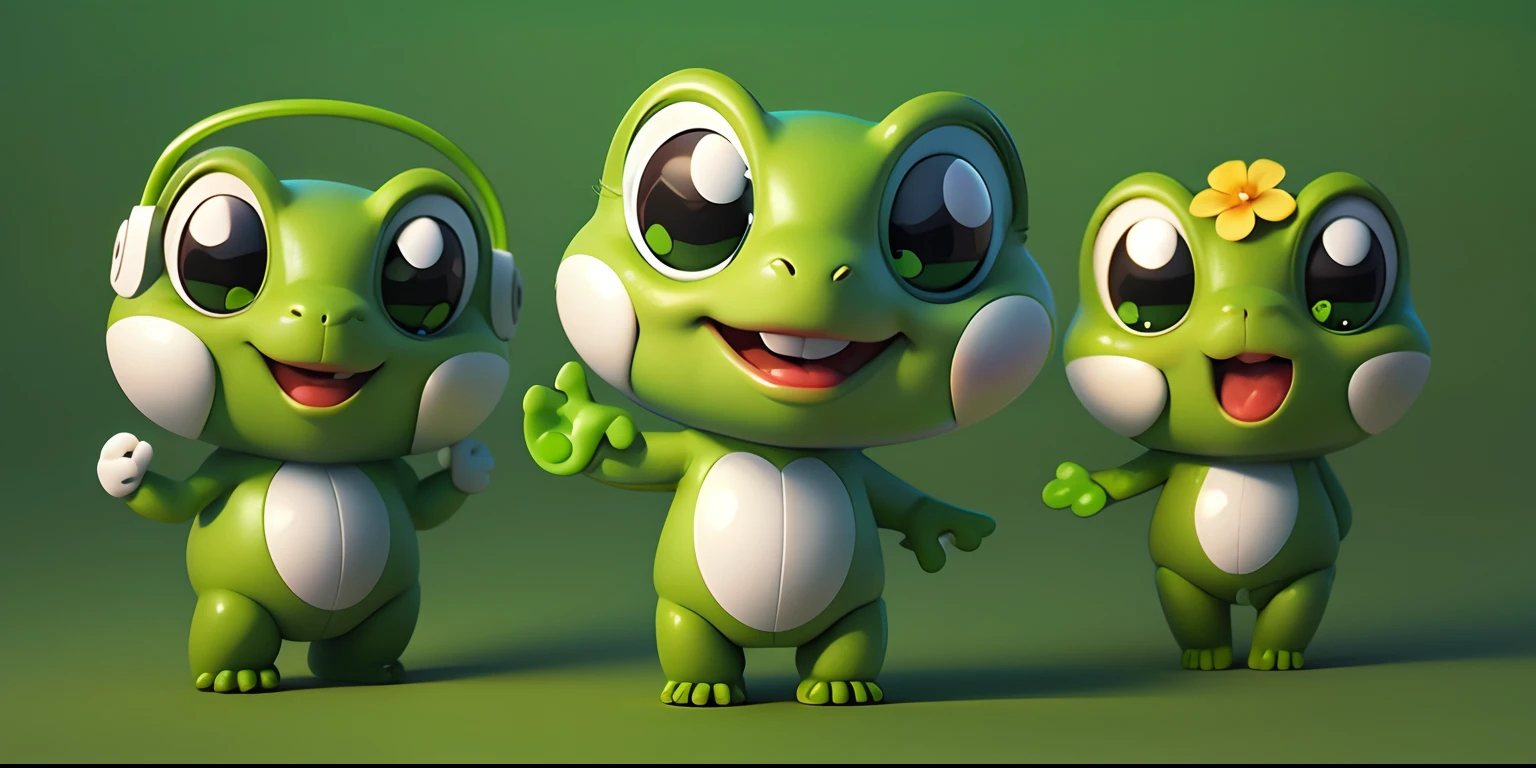 Best quality at best,tmasterpiece,A high resolution,Original,simplebackground,Cartoon frog with headphones and a flower, Green frog, shape of frogs,White belly,Blushlush