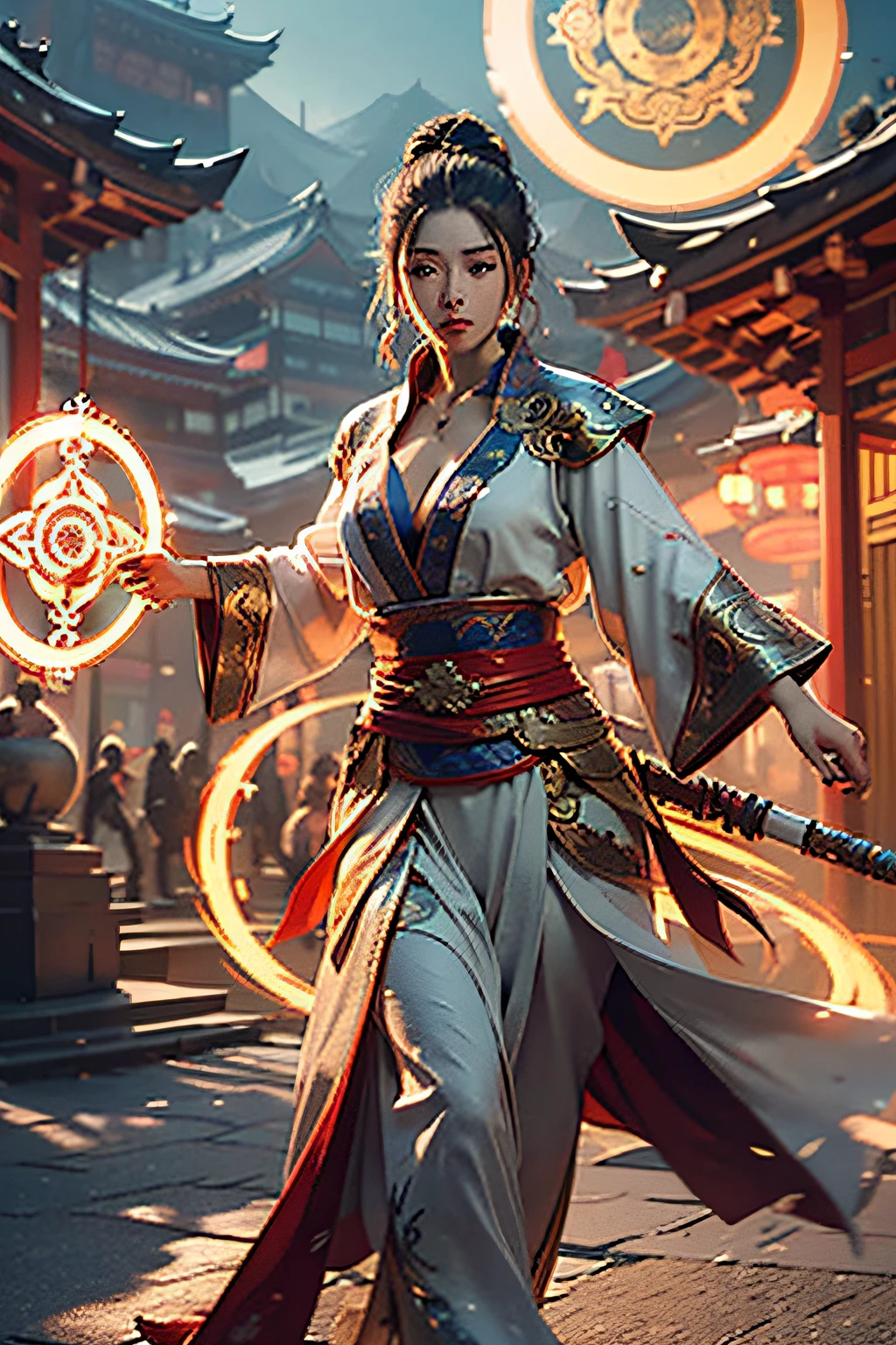 Best quality,masterpiece,ultra high res,(photorealistic:1.4),xiuxian,weapon,Detailed face,
1girl,solo,weapon,cleavage,(magic circle:1.2),xiuxian,upper body,Beautiful girl,full body,east asian architecture,sheath,architecture,