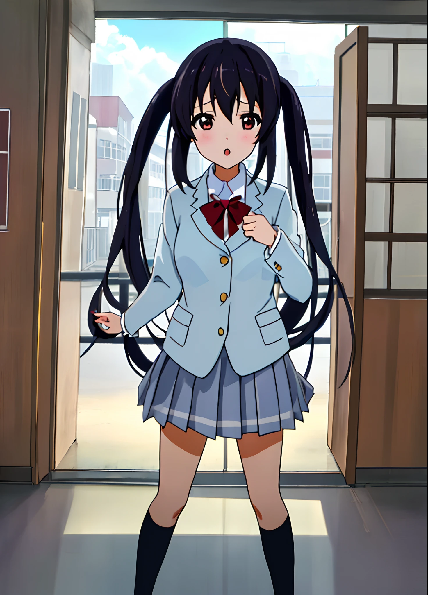 1girl, (((masterpiece))), top-quality, top-quality, High Details, nakano azusa, 1girl, Sakuragaoka High School Uniform, student clothes, Twin-tailed, length hair, A dark-haired, brown-eyed, 独奏, reddish, Dark blue blazer with thin red ribbon, Solid white buttoned shirt under blazer, illustratio, comic strip, soothing tones, Subdued Color, Soft cinematic light, adobe lightroom, photolab, HDR, intricately and hyper-detailed、(((depth of fields))))。(((masterpiece)))。(((top-quality))).)((ultra-detailliert)))。(((illustratio)))。(((takeout))).dynamic focus.big breasts.(((Skyscrapers))).(((A city scape))).(((Face of sadness))). open mouth.(((fighting stance))).(((up chest))).((evening glow)).((the setting sun)).