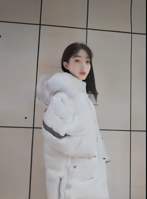 An Arad woman in a white coat stands in front of a tiled wall, wearing a white winter coat, Shin Jinying, (Snow), ulzzangs, action shot girl in parka, Kim Do-young, 2263539546], sakimichan, Profile image, resin, krystal, White coat, 8K))