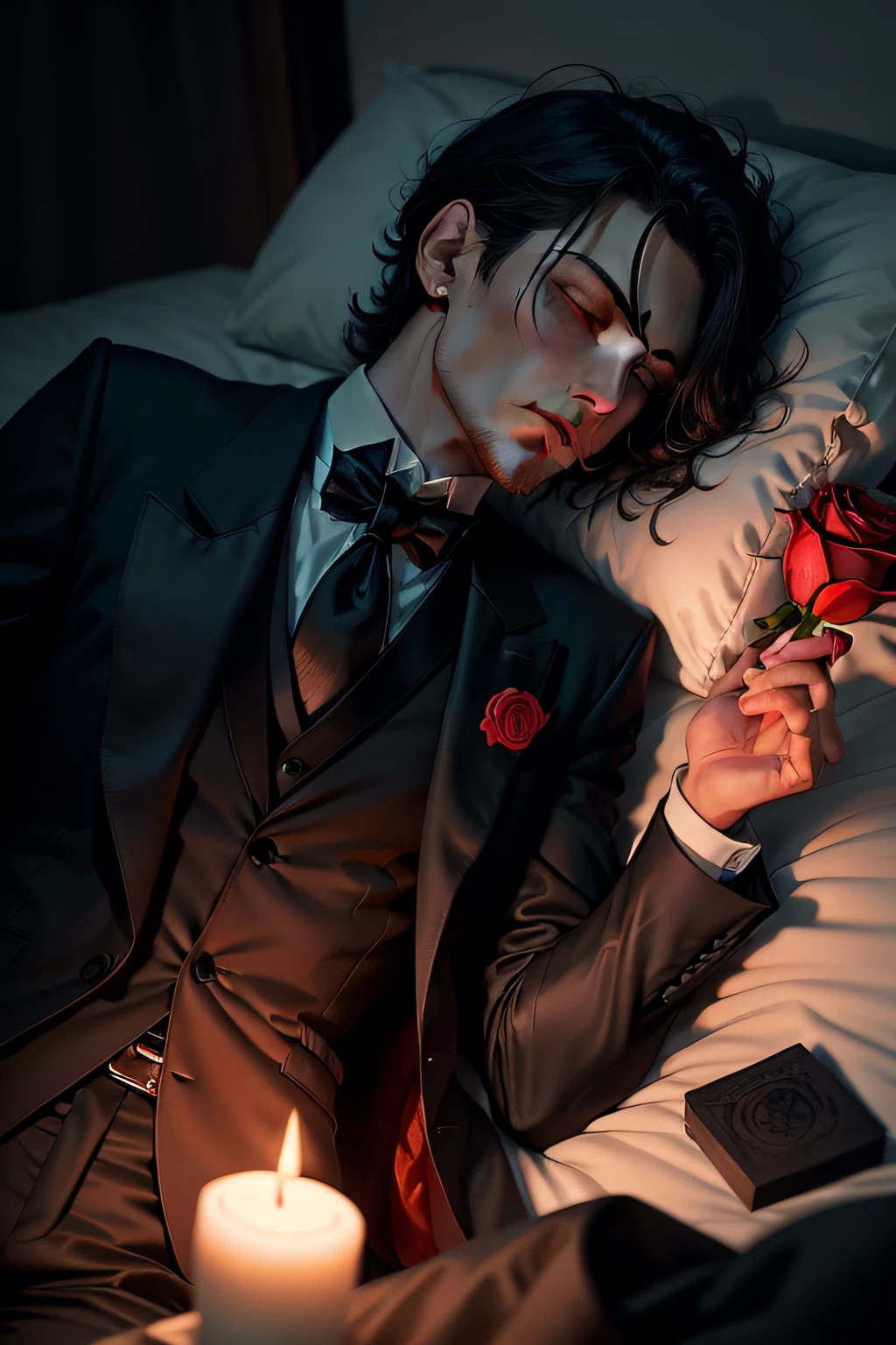 dead man on his bed with eyes closed in black tuxedo and black mask covering his face and red rose in his left pocket dark room with candlelight and rose petals over his body