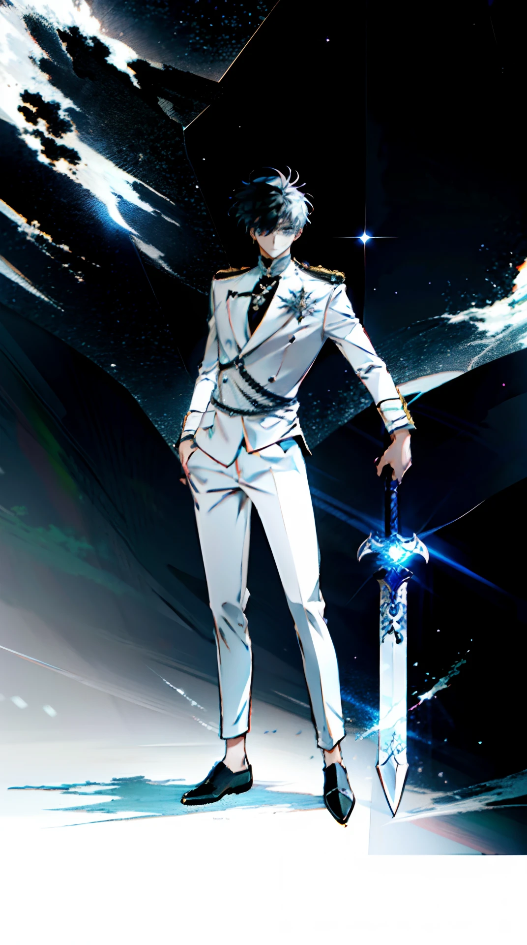 Dibujo de anime de un hombre con cabello ????? sosteniendo una espada, Arte oficial del personaje, Chico alto de anime con ojos grises, Arte Oficial, ( ( Arte conceptual del personaje ) ), official illustration of the character, Arte conceptual oficial, clear outfit design, Este personaje tiene crioquinesis, Trigger anime artstyle, Si tuviera poderes de hielo, con espada grande, Kaneki Ken, fondo blanco : 3