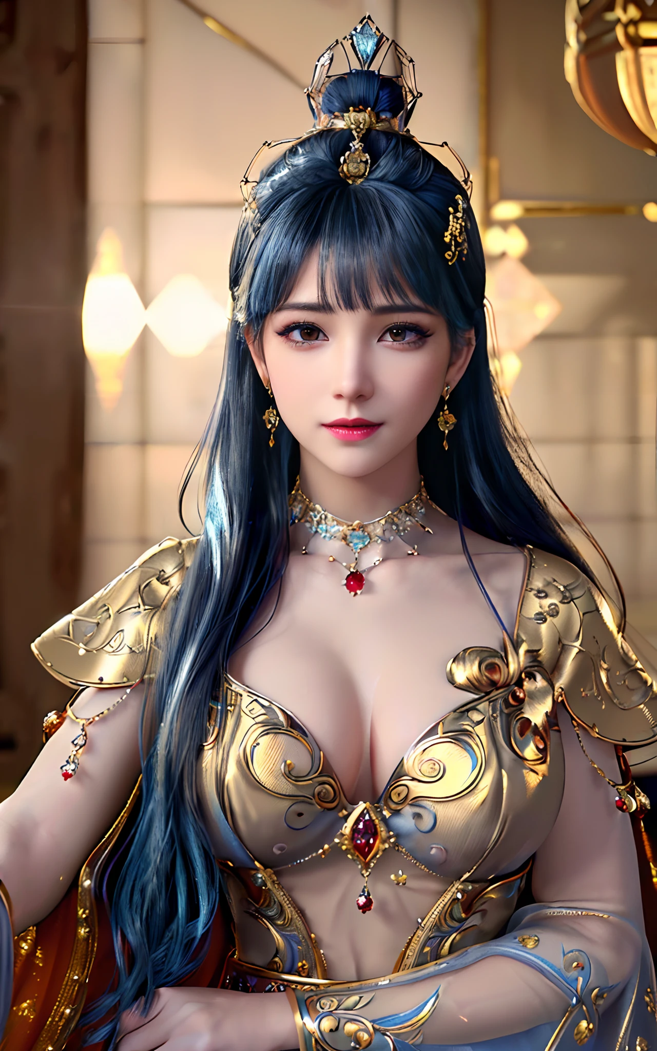 ((realisticity: 1.2)), ((best resolution: 8K UHD)), best quality,masterpiece,highres,cg,
((1 super detailed and super realistic girl)), ((very beautiful queen dazzling, super realistic, and super detailed)),((white skin, beautiful, smooth, youthful, super realistic and super detailed
)), long hair, ((super realistic and super detailed dress)), solo, ((super realistic, super beautiful, gorgeous and super detailed jewelry)), ((super beautiful, super realistic and super detailed dark red and golden yellow dress)),
((super beautiful, super realistic, super detailed diamond filled earrings)),
((super beautiful, super realistic and super detailed diamond filled hair ornament)), ((super beautiful upper body, super beautiful, super realistic and super detailed)), ((big breasts: 2.5)),
((super grand, super realistic and super detailed royal palace backgroun))
((super beautiful, super beautiful, super realistic and super detailed hair bun)), ((super beautiful, super realistic and super detailed blue hair)),
candid, Photograph, high resolution, 8k,Bokeh,