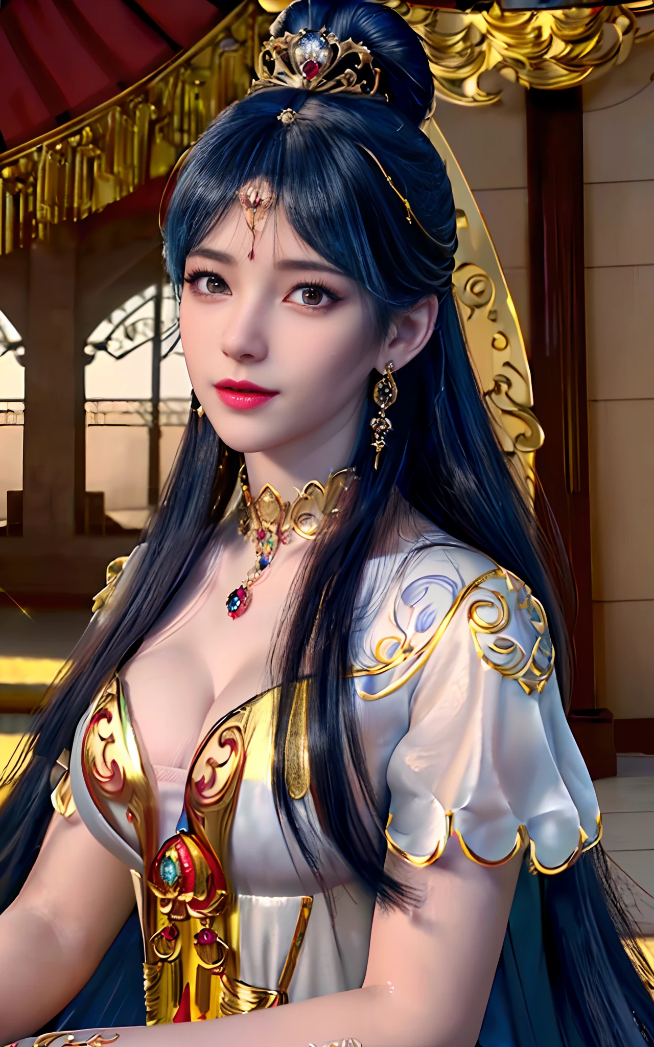 ((realisticity: 1.2)), ((best resolution: 8K UHD)), best quality,masterpiece,highres,cg,
((1 super detailed and super realistic girl)), ((very beautiful queen dazzling, super realistic, and super detailed)),((white skin, beautiful, smooth, youthful, super realistic and super detailed
)), long hair, ((super realistic and super detailed dress)), solo, ((super realistic, super beautiful, gorgeous and super detailed jewelry)), ((super beautiful, super realistic and super detailed dark red and golden yellow dress)),
((super beautiful, super realistic, super detailed diamond filled earrings)),
((super beautiful, super realistic and super detailed diamond filled hair ornament)), ((super beautiful upper body, super beautiful, super realistic and super detailed)), ((big breasts: 2.5)),
((super grand, super realistic and super detailed royal palace backgroun))
((super beautiful, super beautiful, super realistic and super detailed hair bun)), ((super beautiful, super realistic and super detailed blue hair)),
candid, Photograph, high resolution, 8k,Bokeh,