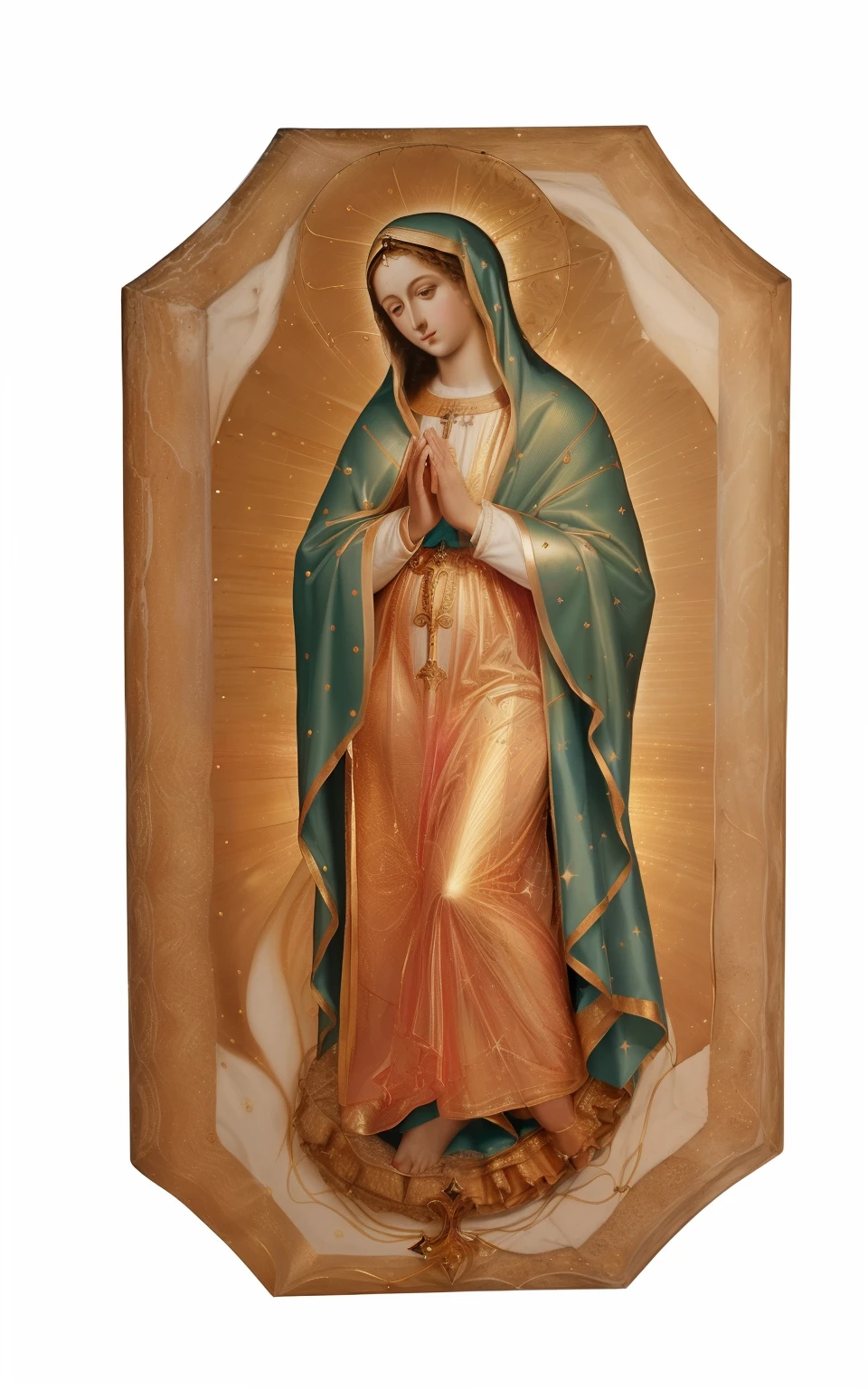 (((Saint Virgin Mary. 19 years old))) ((( Con una cara seria y piadosa. Con una mirada dulce y tierna))) (obra maestra, calidad superior, mejor calidad, arte oficial, beautiful and aesthetic: 1.2), (1girl), extremadamente detallado, (Arte fractal: 1.3), colorido, highest detailed, Cara perfecta, parte superior del cuerpo, HDR, (orando: 1.3), (golden lines of white coat: 1.2), galaxia, (rayas de luz), eye-catching visuals, (dynamic stripes, senderos luminosos: 1.2), colores vibrantes,