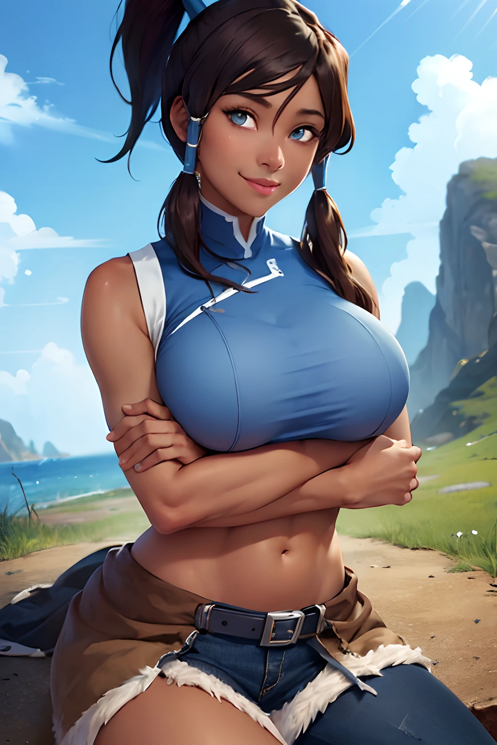 (masterpiece, best quality:1.2), cowboy shot, solo, 1girl, korra,((huge perky breasts:1.2 )), dark skin, dark-skinned female, smile, looking at viewer, crossed arms, ponytail, hair tubes, sleeveless, bare shoulders