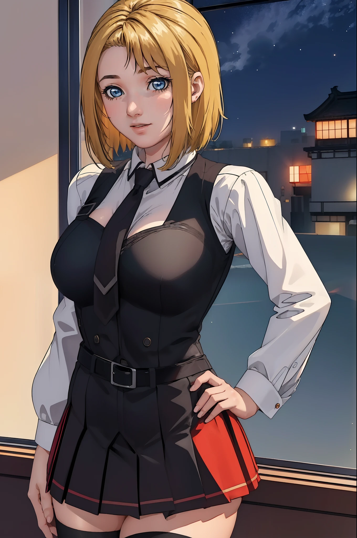 (Night:1.7), Japan, Tokyo, CityView, Before Window,
Standing at attention,
White_shirt,long sleeves,(Black_vest:1.3),Red pleated skirt, uniform,thighhighs,long sleeves,(belt:1.2),Red Tie,
blonde hair,Short_hair,parted Bangs,blue eyes,Forehead,
1 girl, 20yo,mature female,Beautiful Finger,Beautiful long legs,Beautiful body,Beautiful Nose,Beautiful character design, perfect eyes, perfect face,
looking at viewer,girl in the center of the image,
NSFW,official art,extremely detailed CG unity 8k wallpaper, perfect lighting,Colorful, Bright_Front_face_Lighting,
(masterpiece:1.0),(best_quality:1.0), ultra high res,4K,ultra-detailed,
photography, 8K, HDR, highres, absurdres:1.2, Kodak portra 400, film grain, blurry background, bokeh:1.2, lens flare, (vibrant_color:1.2)
(Beautiful,Large_Breasts:1.2), (beautiful_face:1.5),(narrow_waist),