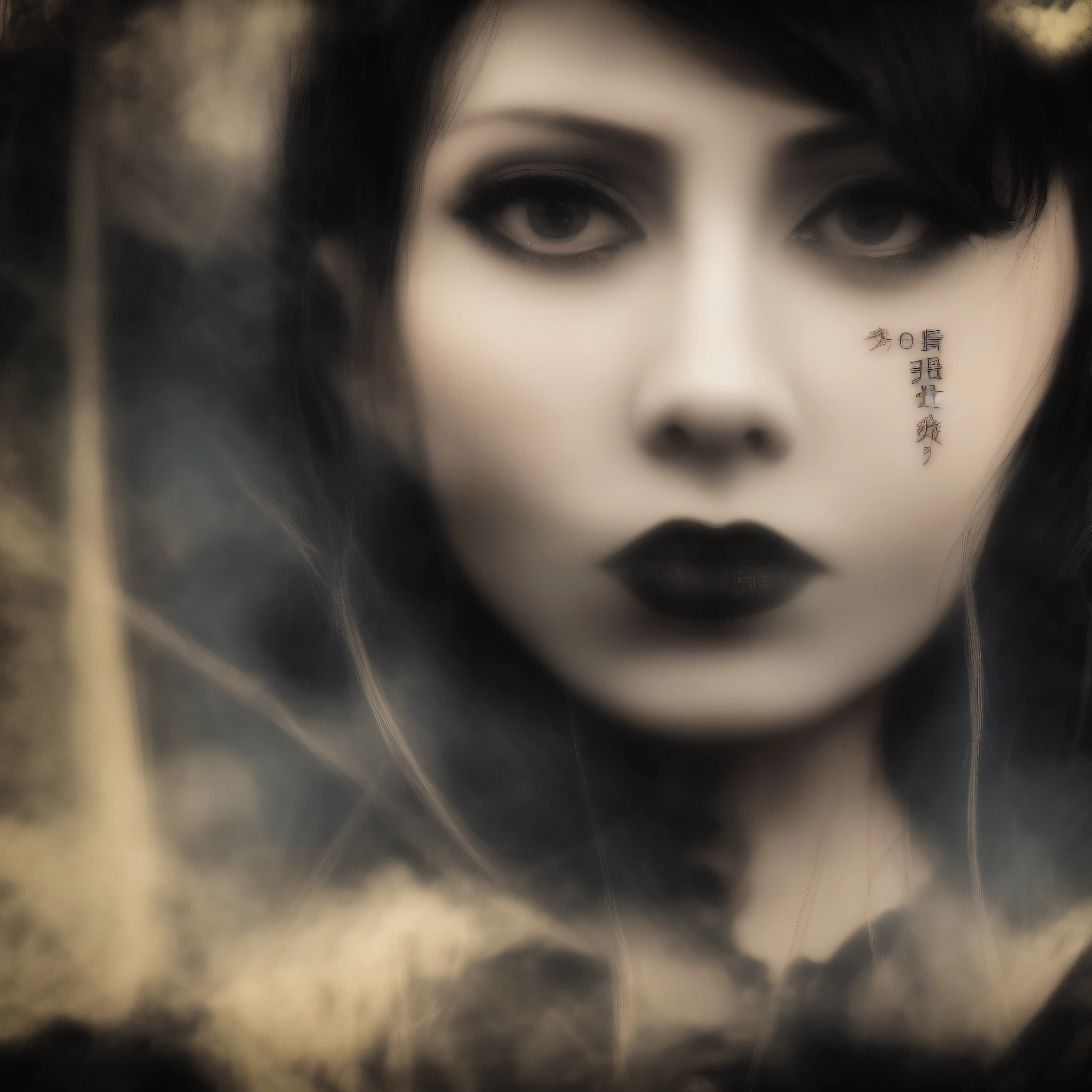 there is a woman with a creepy look on her face, gothic face, gothic girl face, creepy gothic portrait, haunted and sad expression, haunted sad expression, china doll face, post grunge portrait, mysterious eerie portrait, kanji tattoo,