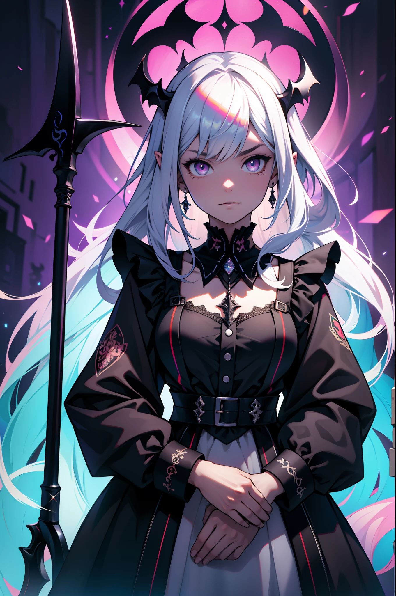 1girll， adolable， whaite hair，Rainbow pupils，ultra - detailed， （s fractal art：1.4）， rich colourful， detailed back ground， There is a scythe of death in the background（Fractals in the background：1.2）， Succubus and dark magic， the maid outfit，Dresses， hight contrast， Ray traching， cinmatic lighting， （Start from the front：0.6）