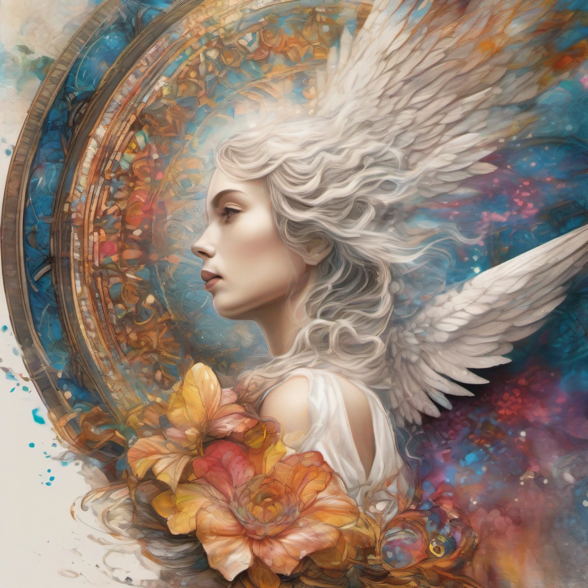 (((splash art style, Beautiful angel girl, melted and blended in alcohol ink and Mandala paint design))) detailed painting of a mandala as a background))) Nikon Z 14mm ultra-wide angle lens, award-winning glamour photograph, ((best quality)), ((masterpiece)), ((realistic)), geometric forms, subsurface scattering, radiant light rays, high-res, detailed facial features, high detail, sharp focus, smooth, aesthetic, extremely detailed, angle ,glowing ,UHD, vivid colors ,Arthur Rackham, Dr. Seuss , Norman Rockwell, magic ,digital illustration
