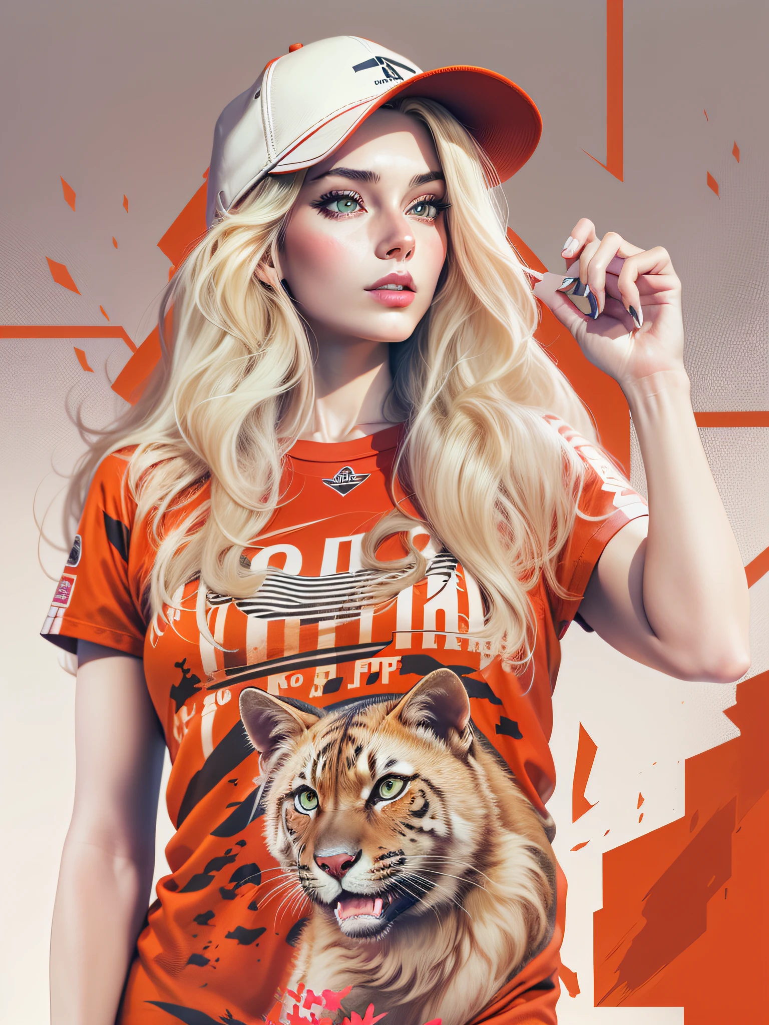 animal woman wearing red fashion outfit, with long blonde hair, realistic style image, surrounded by vibraprint ready vector t-shirt design, white background, side view, sticker, clean white background, professional vector, high detail, t- design shirt, vibrant.