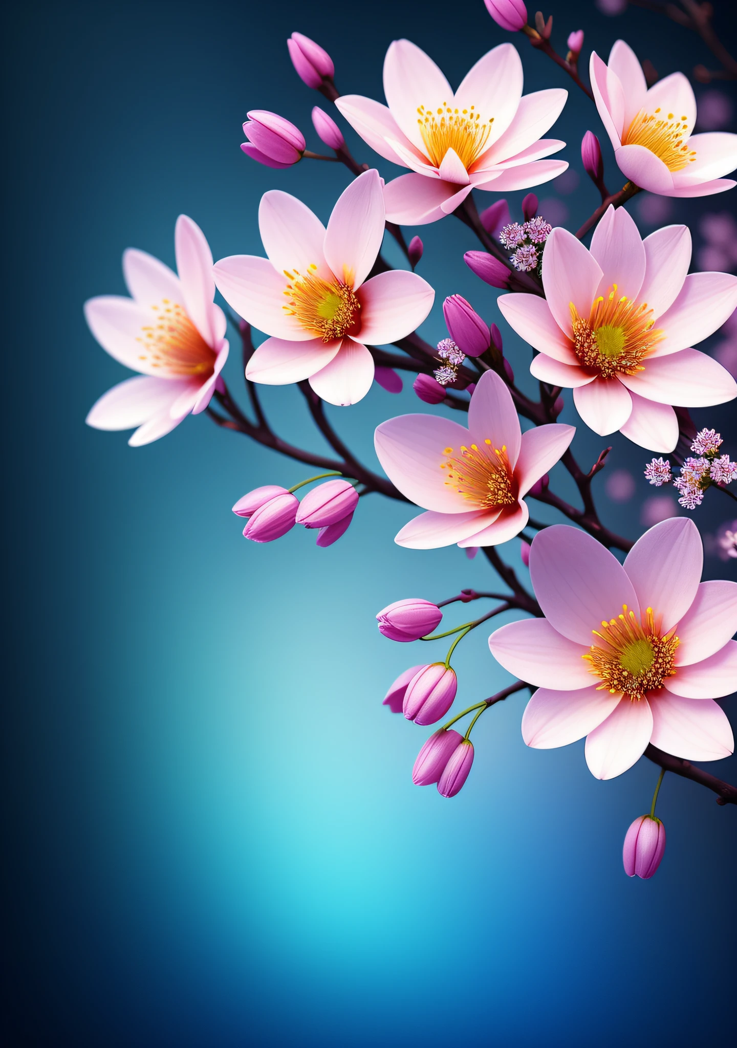 A close-up of a bouquet of flowers on a branch,paul barson,blossoms,beautiful digital artworks,beautiful digital art,flowers and blossoms,surreal waiizi flowers,beautiful flowers,flowers in full bloom,flowers with intricate detail,Incredibly beautiful,beautiful art,beautiful composition 3 - d 4 k,gorgeous digital art,blue flowers,SakuraNS