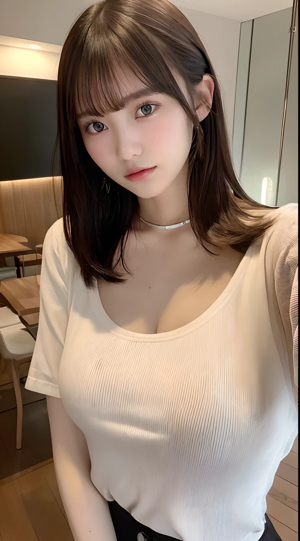(​masterpiece:1.2), realisitic, Photo of an 18-year-old girl in a loose shirt(Unbuttoned shirt), Half nude, top-quality,, bare shoulders​, cleavage of the breast, nsfw, [[Hands hidden behind the back]], 耳Nipple Ring, Complete shirt, Black choker, 独奏, [sfw], huge tit