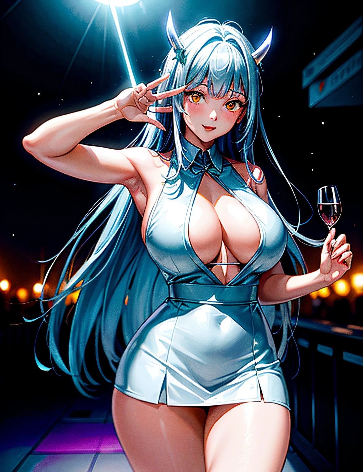 High detail beautiful young woman, open air disco background, tight sky blue open top, white skirt, lighting flashes, neon lazer flare, night with moon and stars, mini bar horns, lightning effect, depth of countryside, ultra quality detail, 8K quality, high resolution, sharp colors, long silky hair, glass of wine, headlight flashes, curvy body