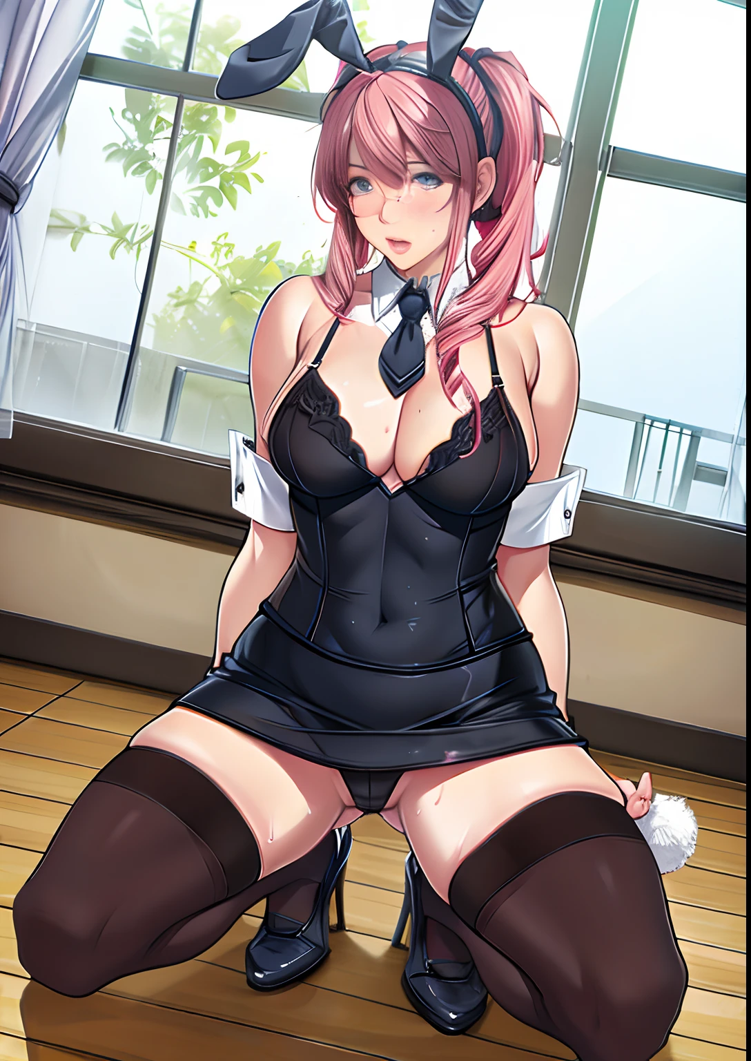 Full body photo of beautiful sexy bunny girl in miniskirt and sewn stockings,completely to stand,AS-Adult,At the office,high-heels,Desire for sex,Wearing sweat,Nipple bulge,Lingerie transparent,kneeling down,spread their legs。