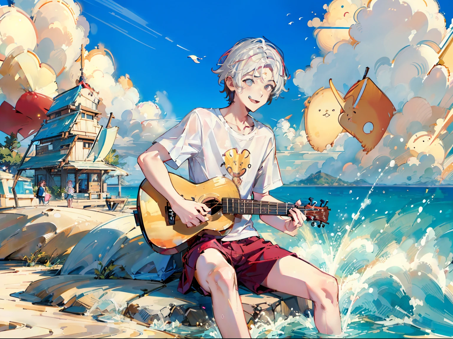 Libido boy，Sitting on the sunny beach，Side Body，Leaning forward slightly，Play ukulele，Sunshine Boy，，The smile is bright，Be red in the face，One guy，dressed in a white t-shirt