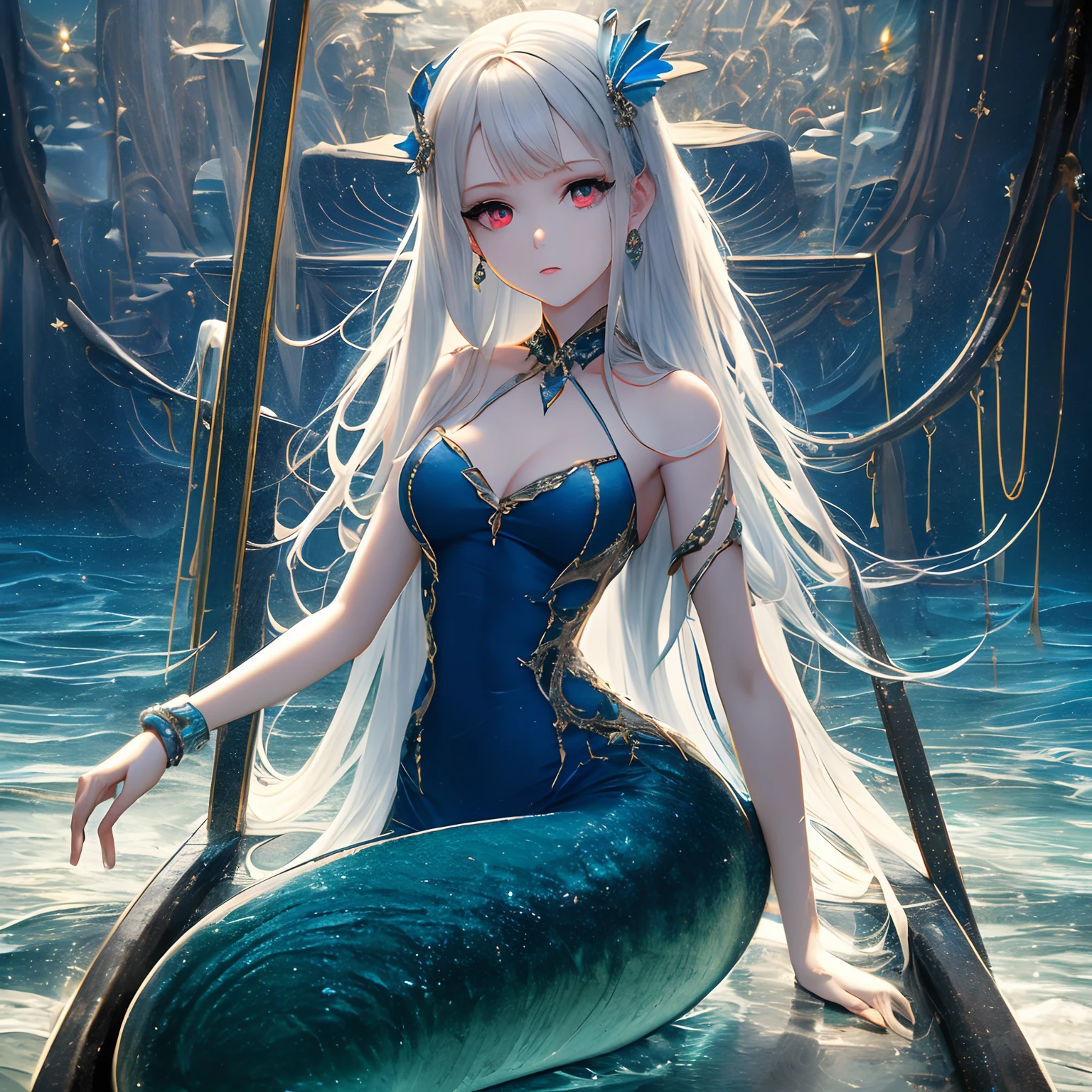 (Masterpiece, Best Picture Quality, Style Restoration, Just Right Atmosphere), IMax Large Format, Pure White Background, Pale Light, Dark Blue Water, Silver Shark, Bright Red Eyes, Little Sister on Boat, White Evening Dress, Cuff Accessories, Dark Gradient Ink Mist, Neon Flashing Lights, Sparse Crowd Flow, Sculpture of a Mermaid, Porcelain Wainscoting.