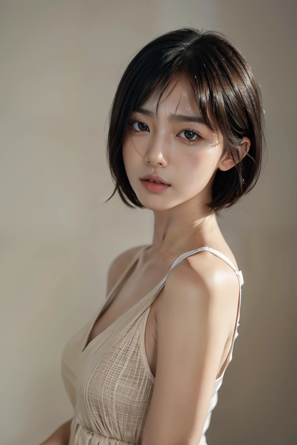 Masterpiece, 1 Beautiful Girl, Detailed Eyes, Swollen Eyes, Top Quality, Ultra High Resolution, (Reality: 1.4), Original Photo, 1Girl, Cinematic Lighting, Japanese, Asian Beauty, Korean, Very Beautiful, Beautiful Skin, Slender, Body Facing Front, (Ultra Realistic), (High Resolution), (8 K), (very detailed), (best illustration), (beautifully detailed eyes), (super detailed), detailed face, looking at viewer, facing straight ahead, neat clothes, sleeveless, short hair, black hair, 46 point slanted bangs, white background, neat room,