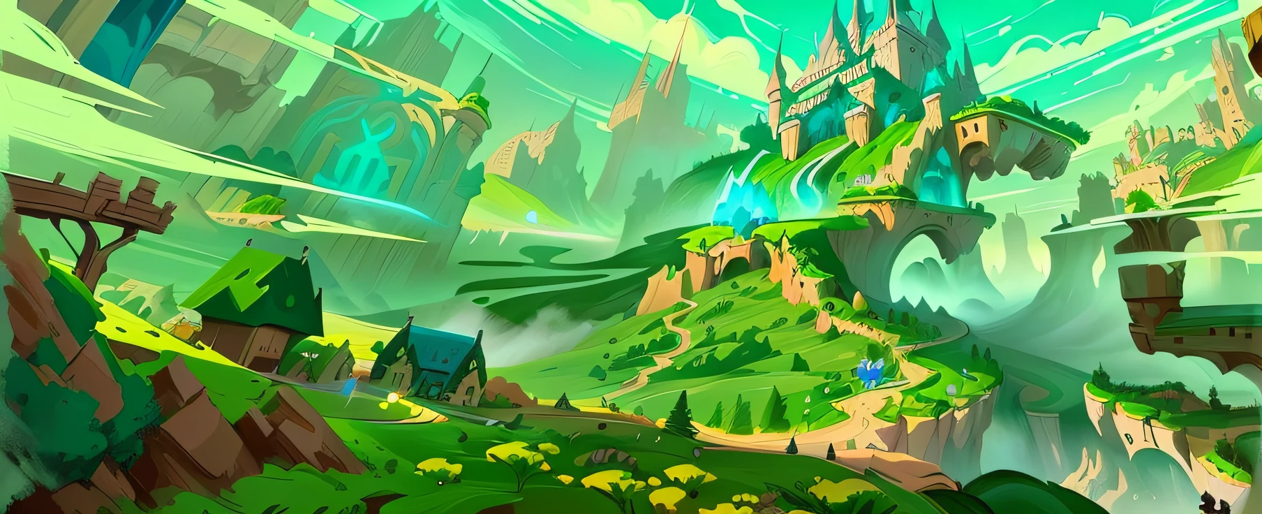 Cartoonish image of a castle in a green valley, Stylized concept art, side scroller, Stylized game art, side scroller game, style of duelyst, indie game concept art, painted as a game concept art, arte de fundo, very coherent stylized artwork, concept-art, concept-art, epic landscapes, light kingdom backdrop