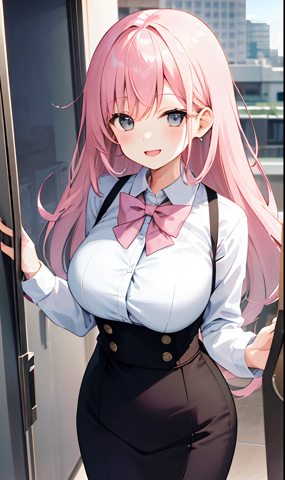 ((masterpiece, best)),(1girl),((mature woman)), light pink hair, dizzy, trumpet, ((office lady)), bangs, mid-chest, (full), slim, smiling, [wide hips] ,office,standing, aru \(blue archive\),