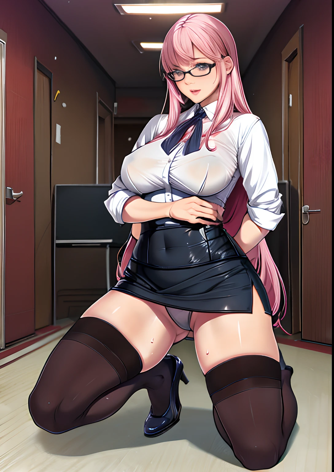Full body photo of beautiful sexy secretary in miniskirt and sewn stockings，completely to stand，AS-Adult，At the office，high-heels，Desire for sex，Wearing sweat，Nipple bulge，Lingerie transparent，kneeling down。