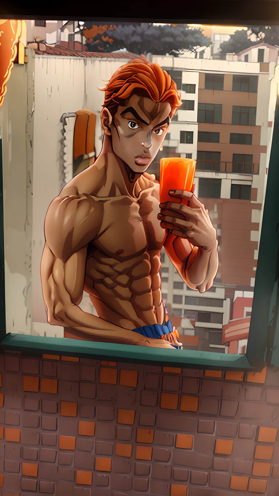 masterpiece, best quality, absurdres, 1boy,muscle body, parted lips, serafuku, without tshit, short sleeves, (streets, outdoors, orange sky), araki hirohiko (artstyle), diamond wa kudakenai, upper body, portrait